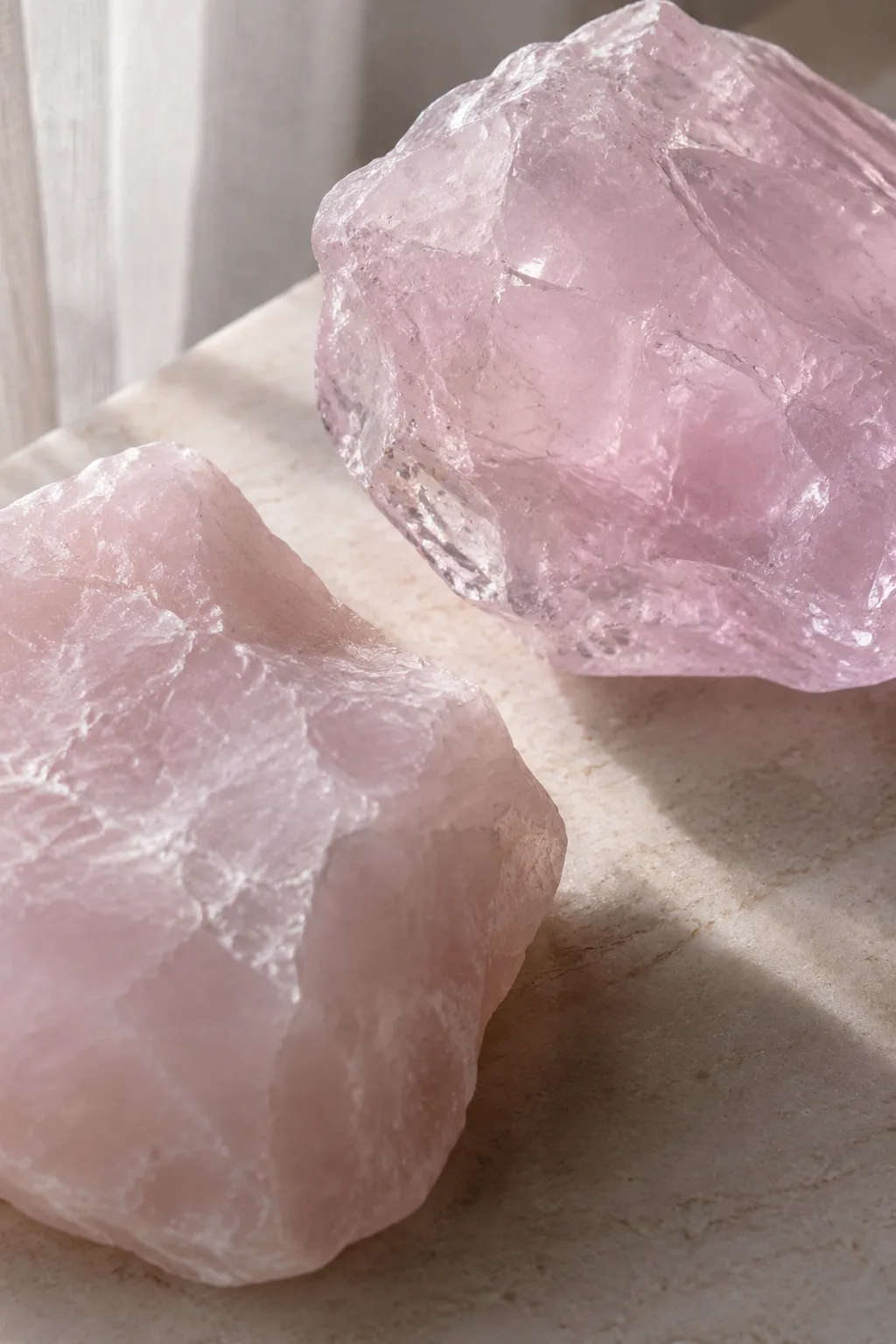 Close material view of cloudy rose quartz and clearer pink quartz showing different visual character