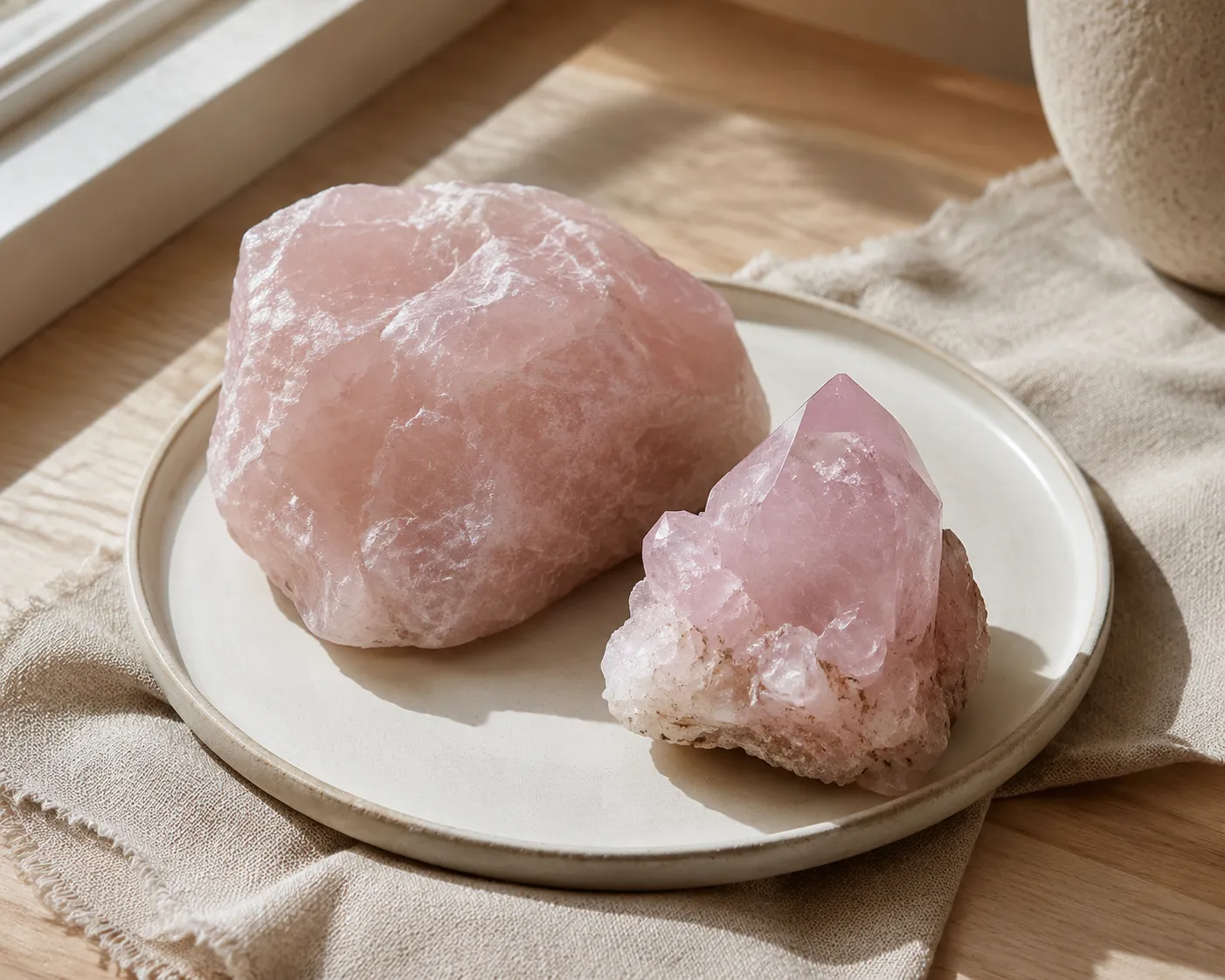 Massive rose quartz beside a naturally formed crystalline pink quartz specimen for habit comparison