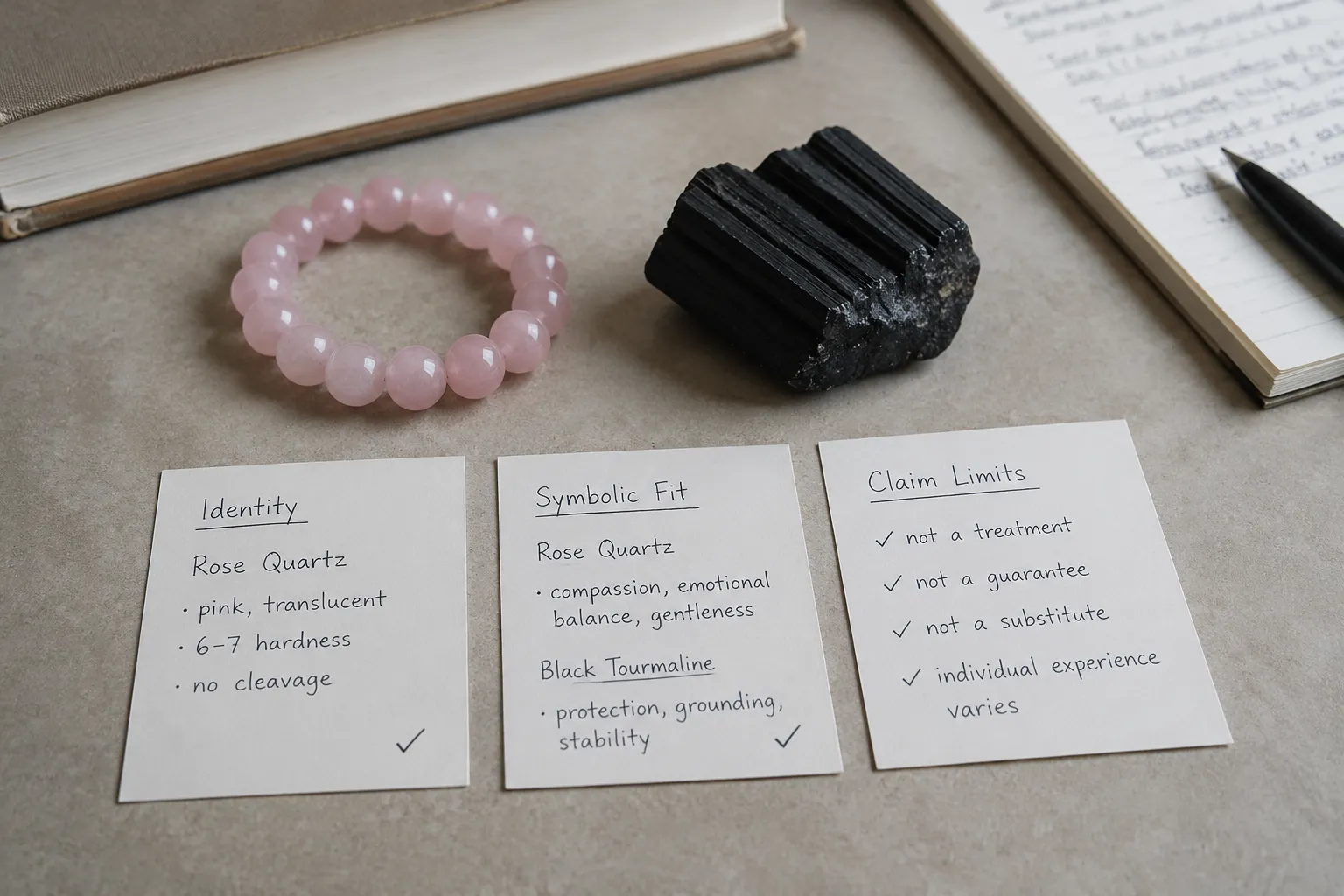 Rose quartz and black tourmaline arranged with separate notes for mineral identity, symbolic fit, and claim boundary