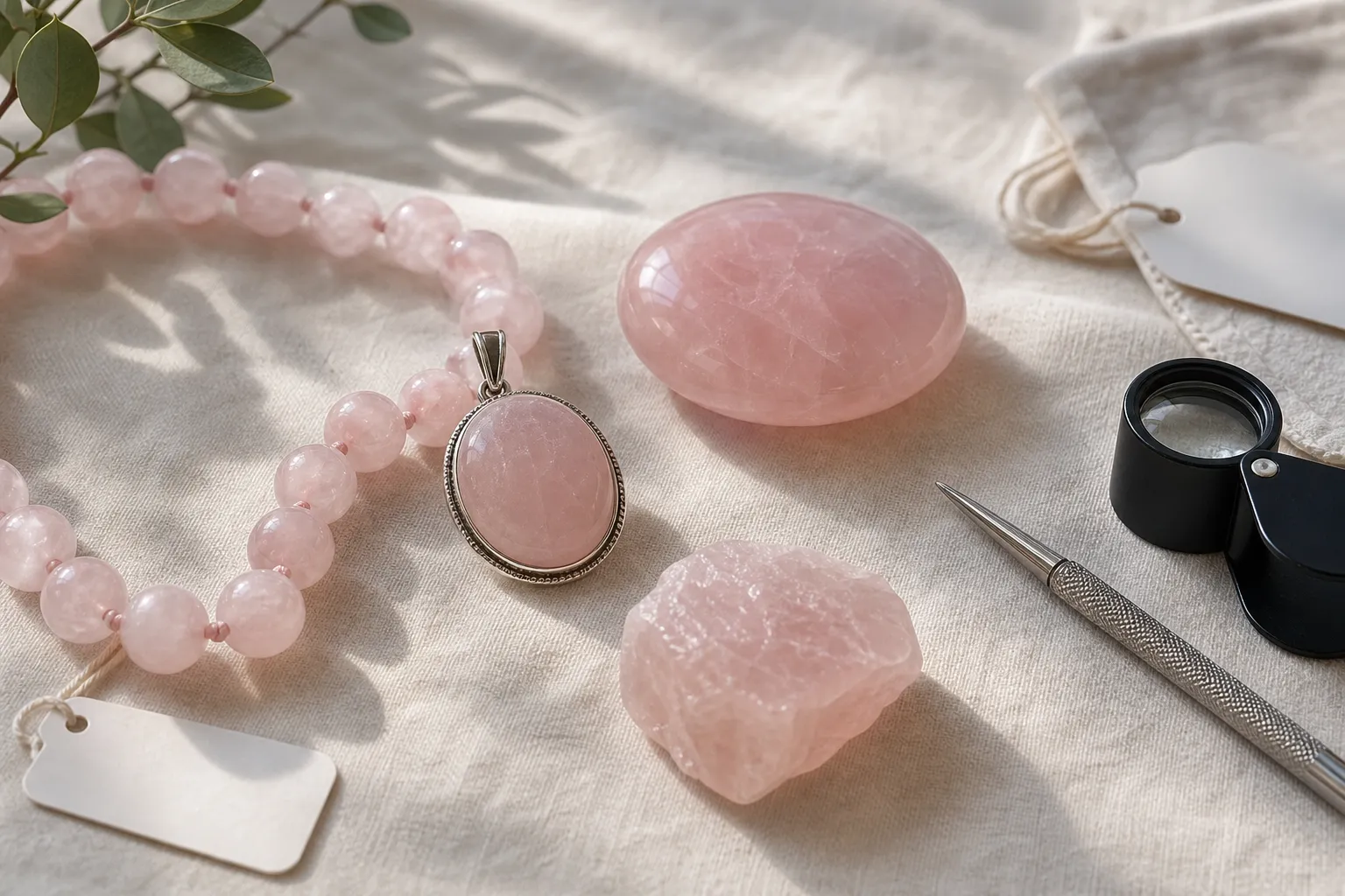 Finished rose quartz beads, a pendant, and a rough piece showing why scratch testing depends on object condition