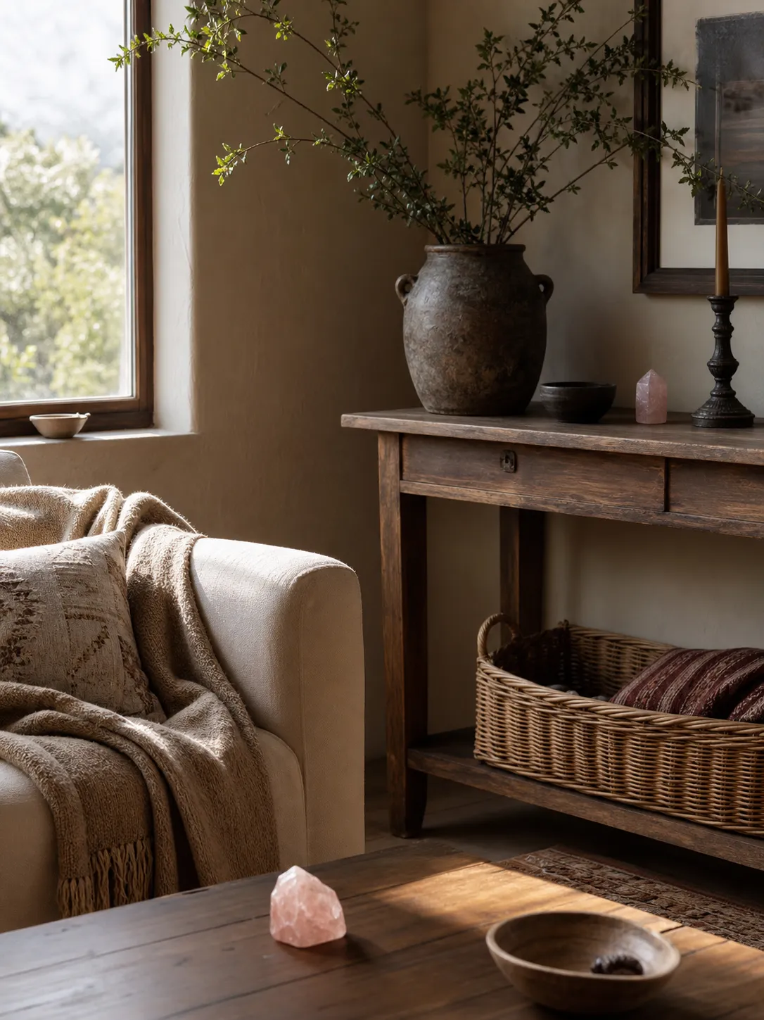 A calm Southwest home corner arranged with fewer objects, soft light, and a symbolic rose quartz piece without safety claims