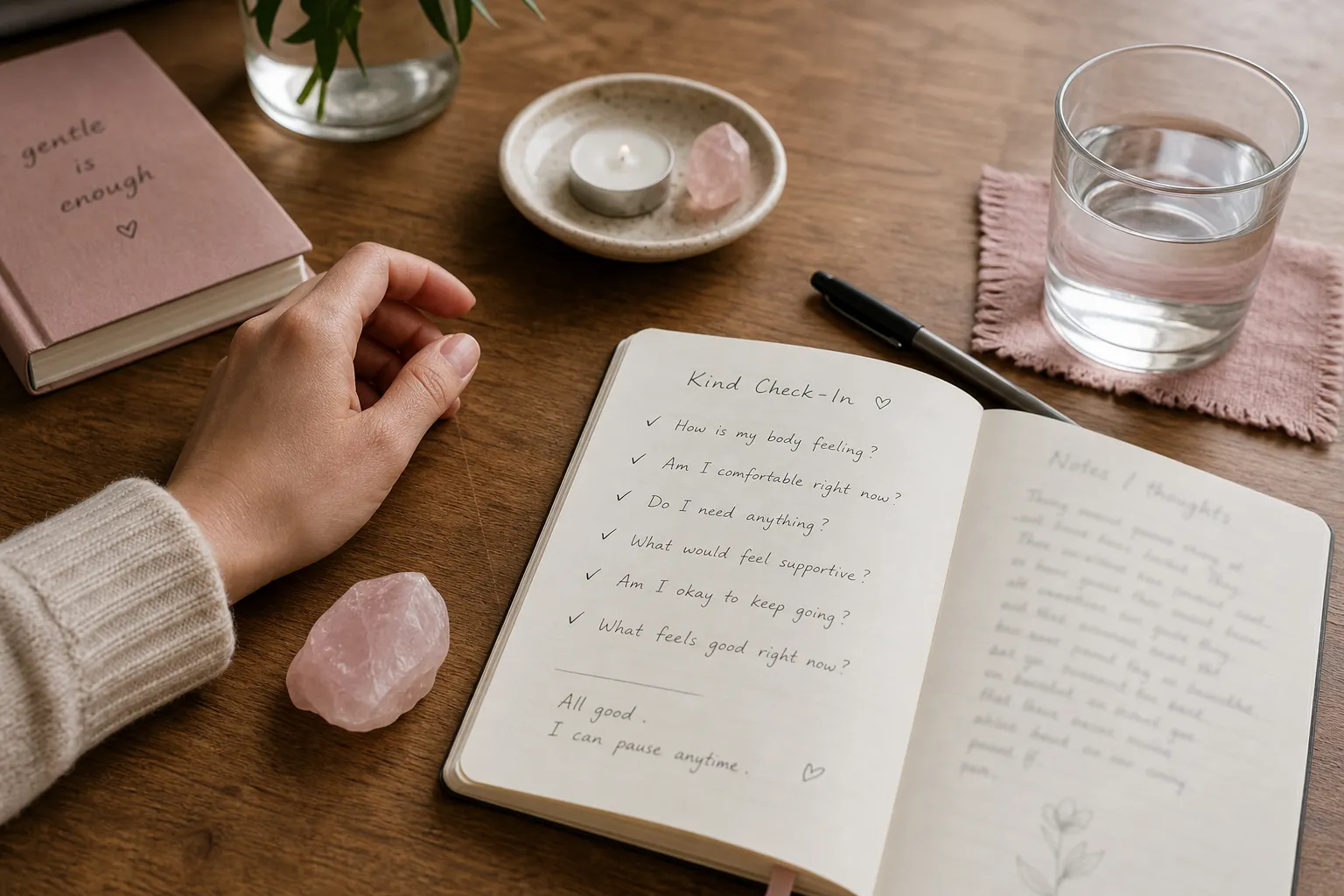 Reflective hand practice with rose quartz and a grounded self-check boundary