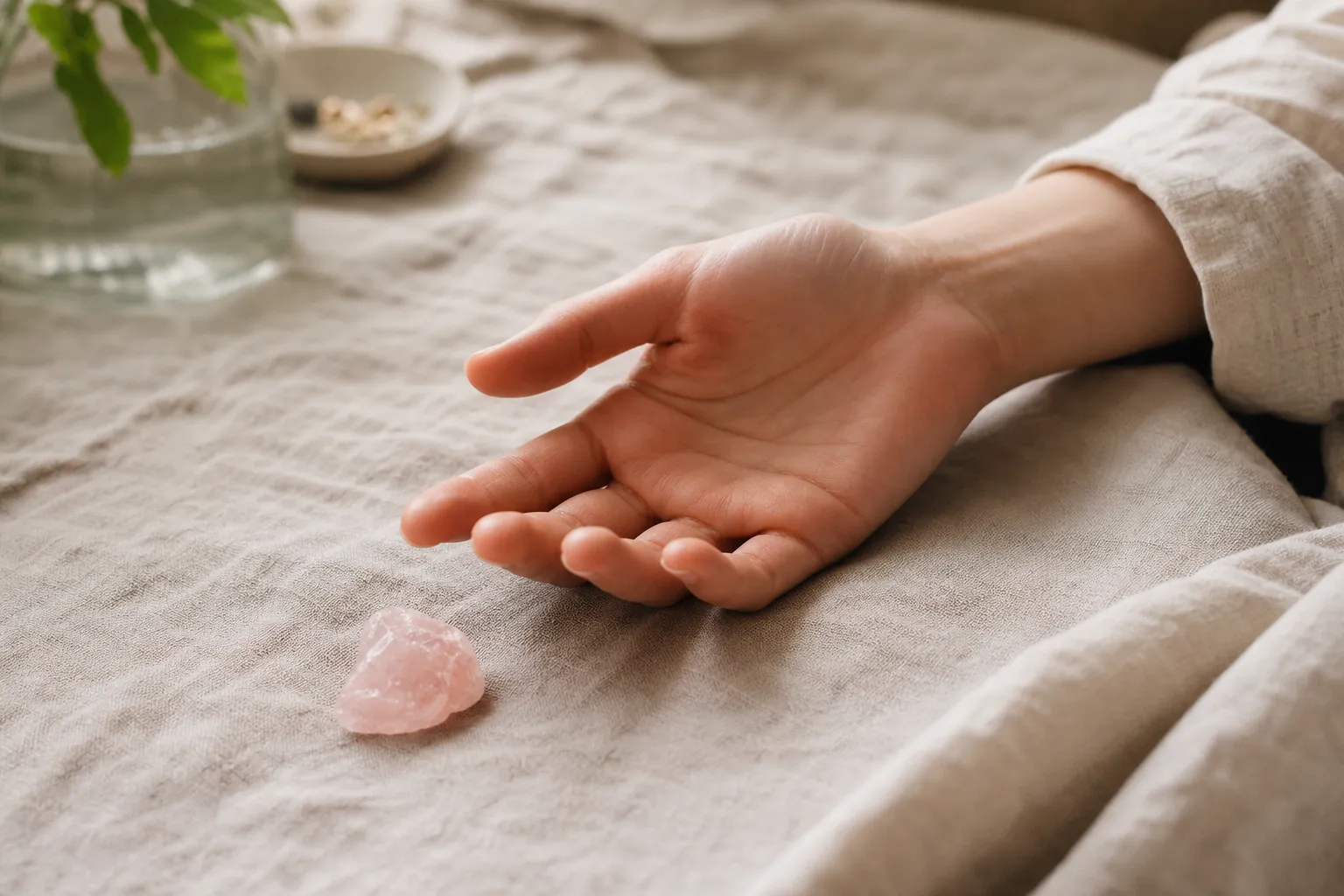 Open non-dominant hand resting near rose quartz as a quiet attention practice