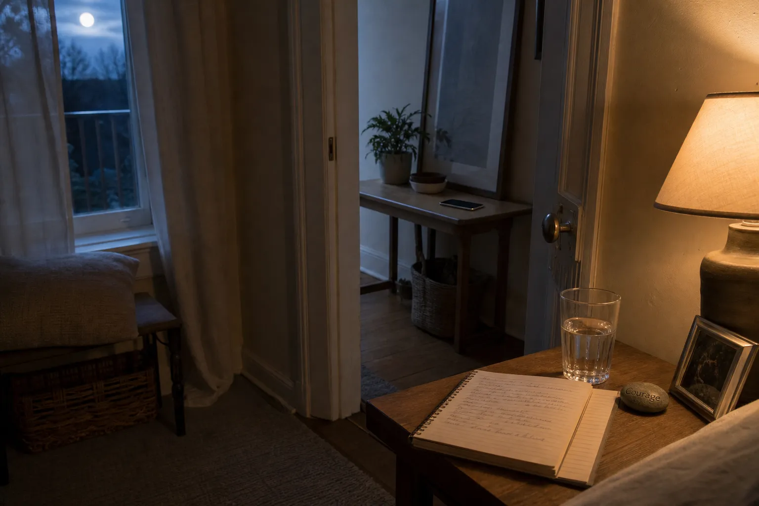 A quiet offline ritual space with a phone placed outside the room, a notebook, water, soft light, and a small meaningful object