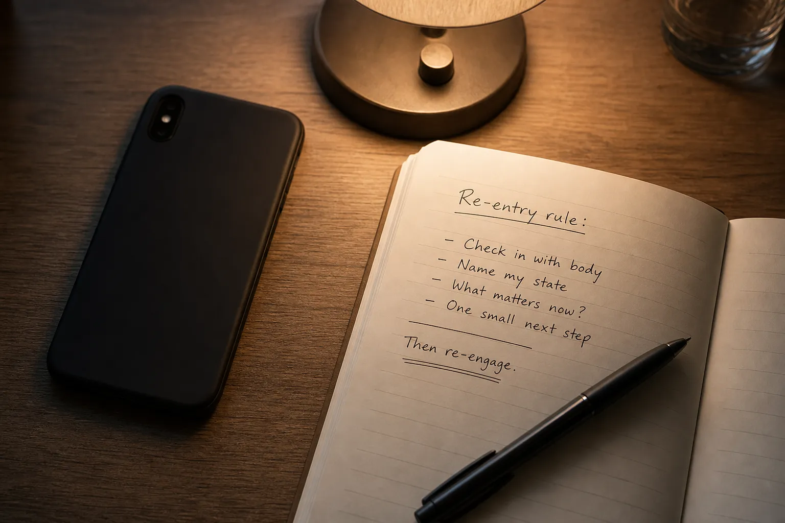 A handwritten re-entry rule beside a closed phone, showing urgent messages only and social apps left closed after the offline hour