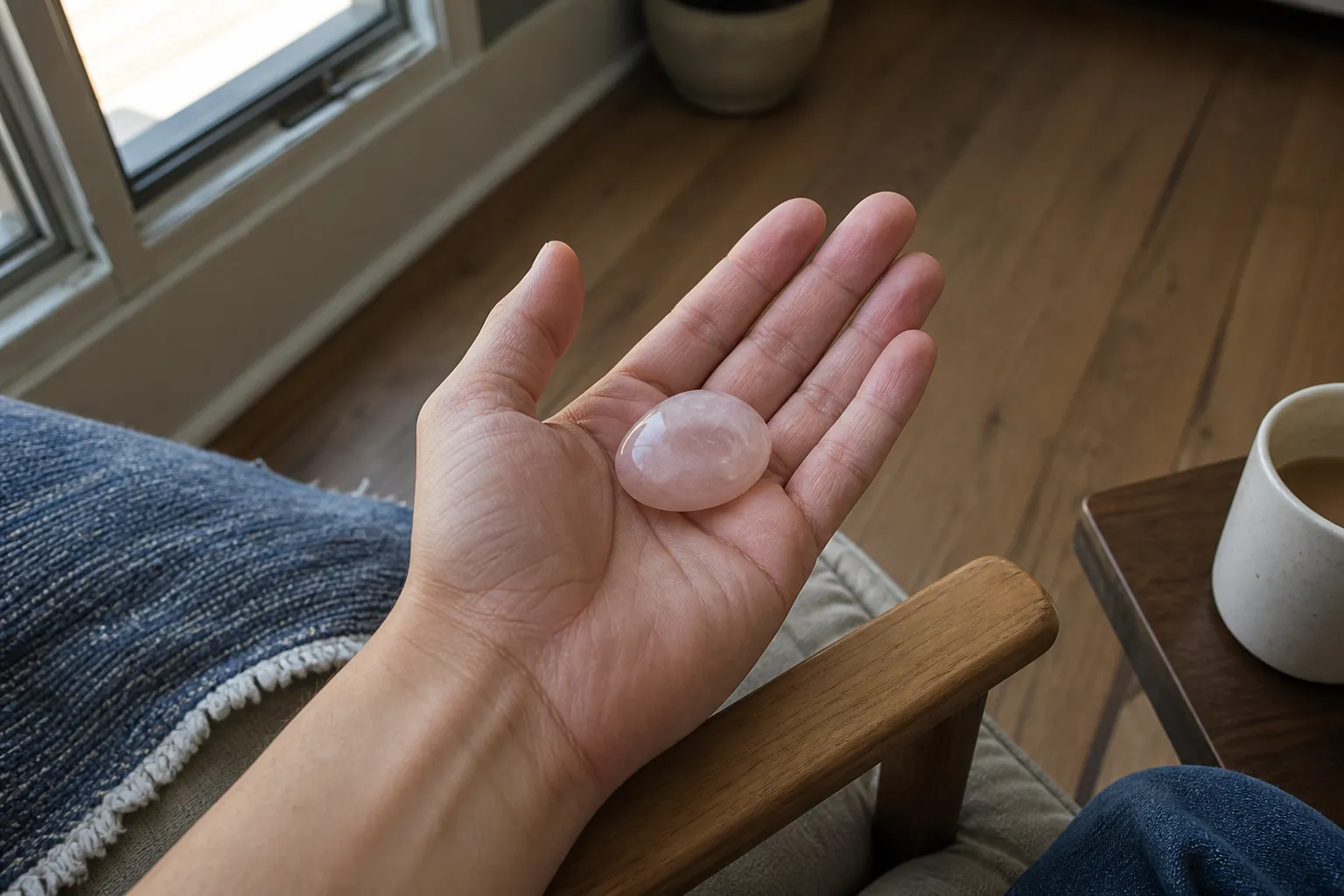 A hand holding a smooth rose quartz stone as a present-time physical anchor in a quiet room