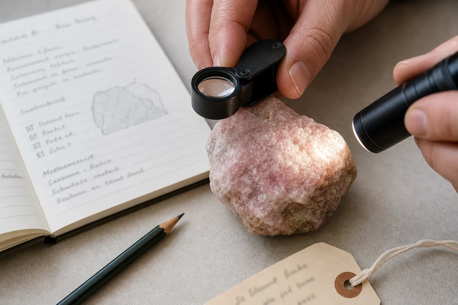 A careful pink mineral identification setup showing a specimen label, close viewing, and non-destructive observation notes