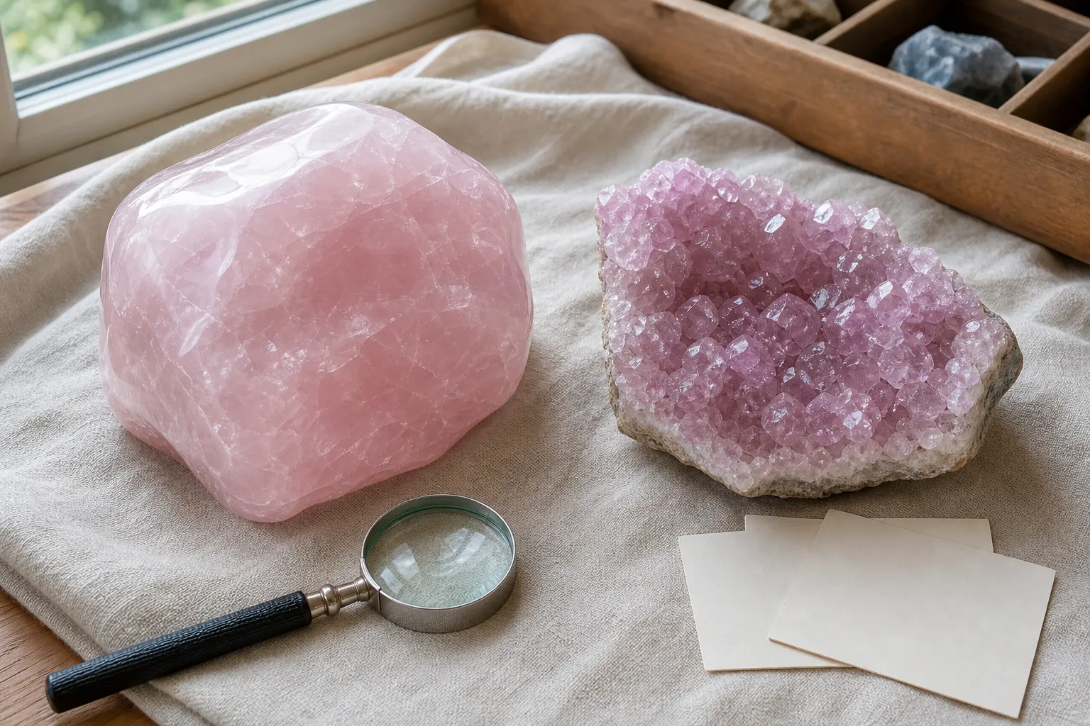 Pink mineral specimens arranged to compare massive rose quartz forms with crystalline pink amethyst-like surfaces