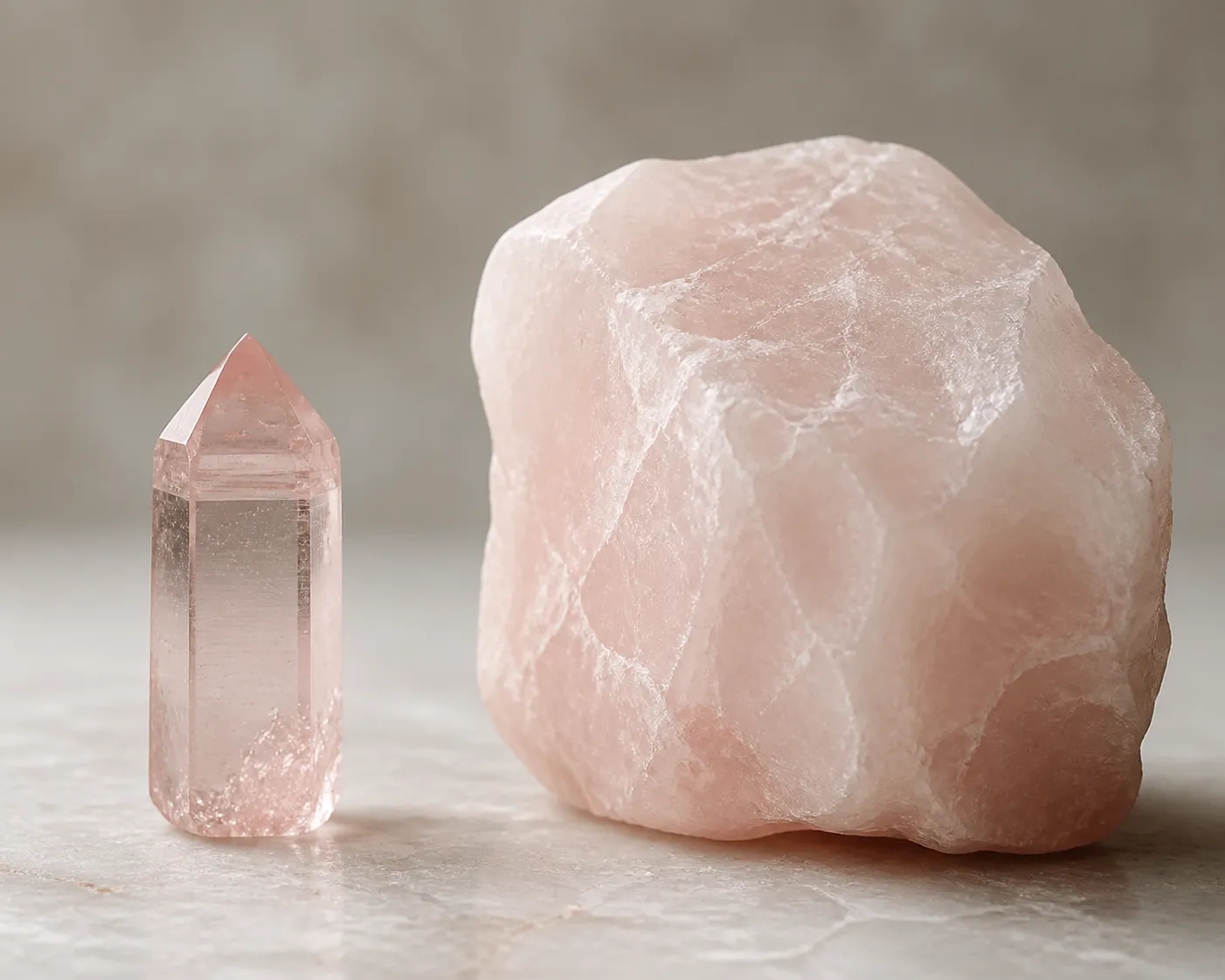 Euhedral pink quartz crystal contrasted with massive rose quartz to show that similar color can come from different mineralogical causes