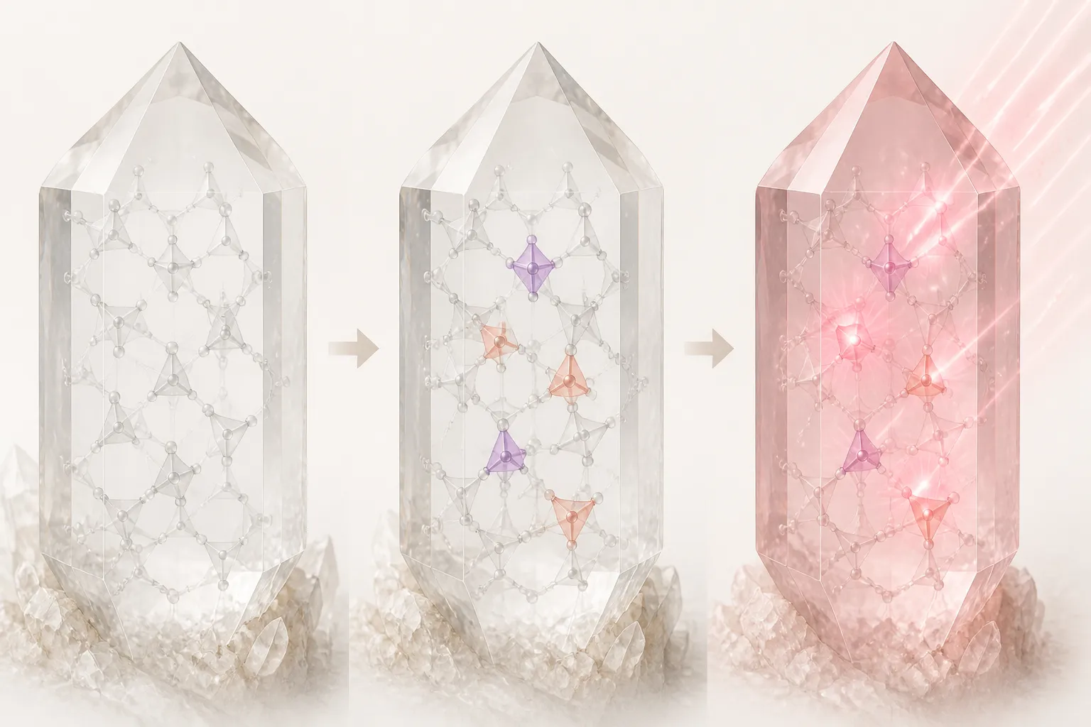 Simplified visual model of aluminum and phosphorus substitution followed by radiation-related color centers in crystalline pink quartz