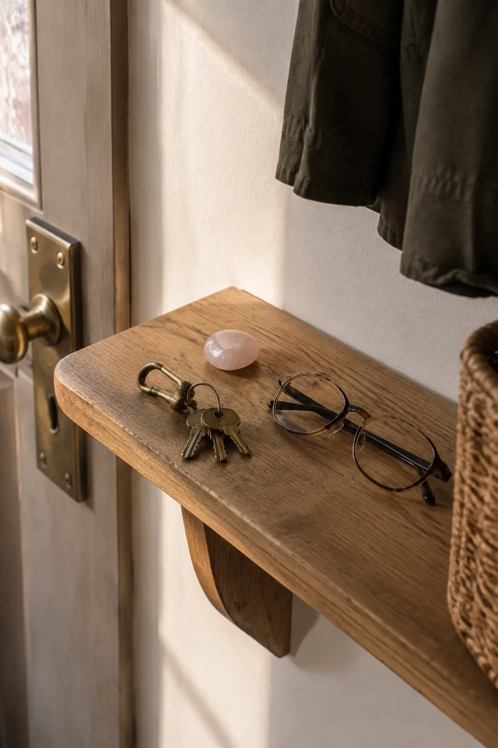 A bedside or entryway setup with one personal object given a fixed place beside a small rose quartz stone, showing a quiet threshold-style reset.
