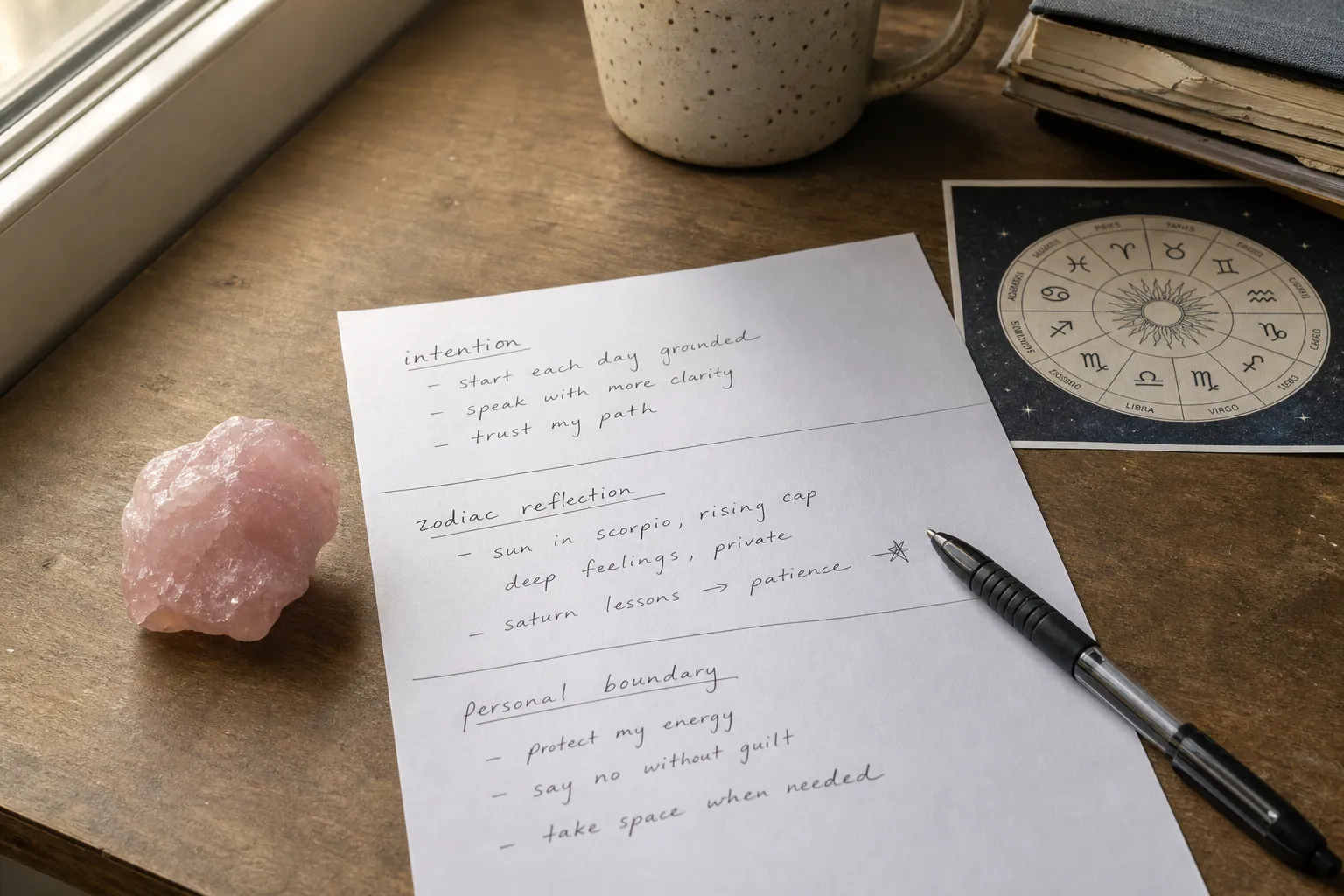 Rose quartz beside a written three-tier intention, zodiac lens, and boundary practice note