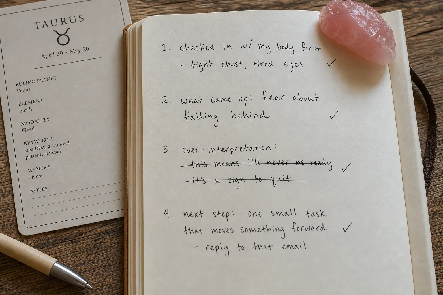 Journal entry showing rose quartz intention, zodiac lens, transit defense, and grounded next step