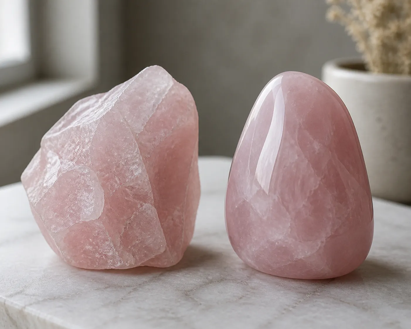 Raw anhedral rose quartz beside a polished rose quartz form showing rough fracture texture versus controlled smooth finish