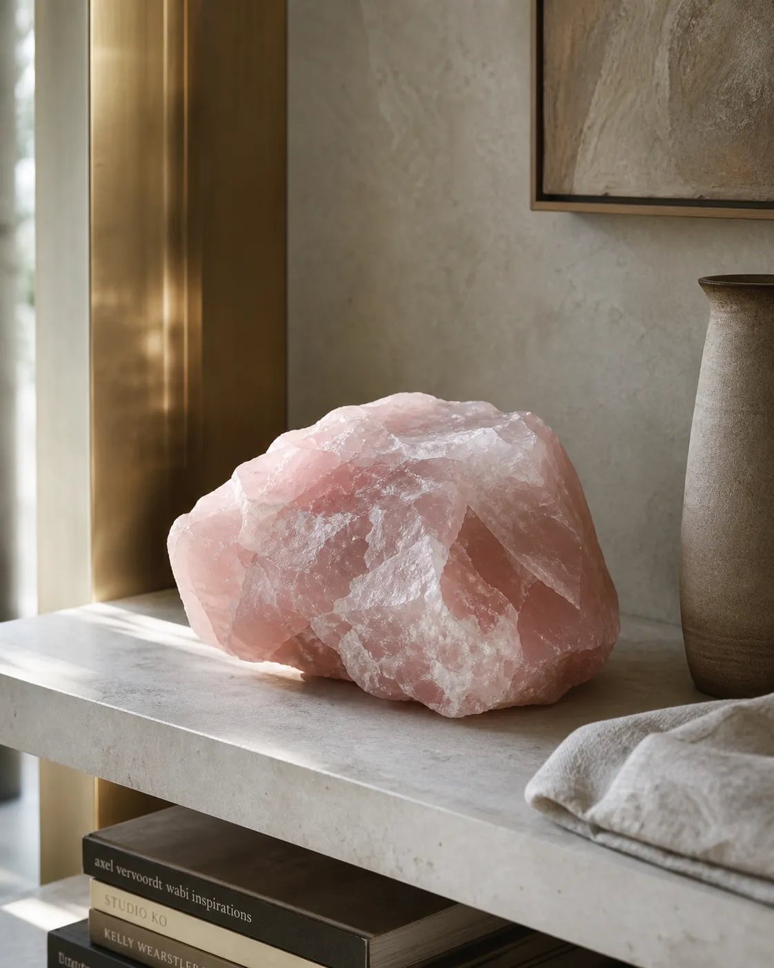 Raw rose quartz chunk with cloudy pink body, uneven edges, and broken planes used as grounded mineral decor