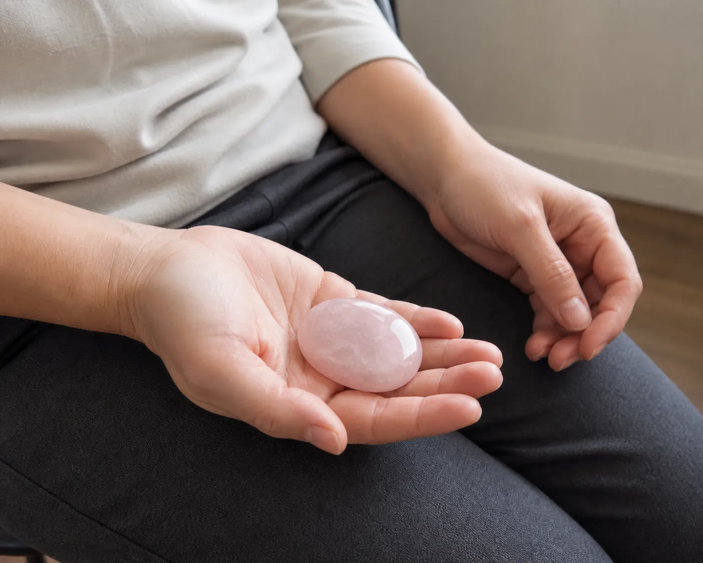 A piece of rose quartz held as a simple analog anchor for breath and attention