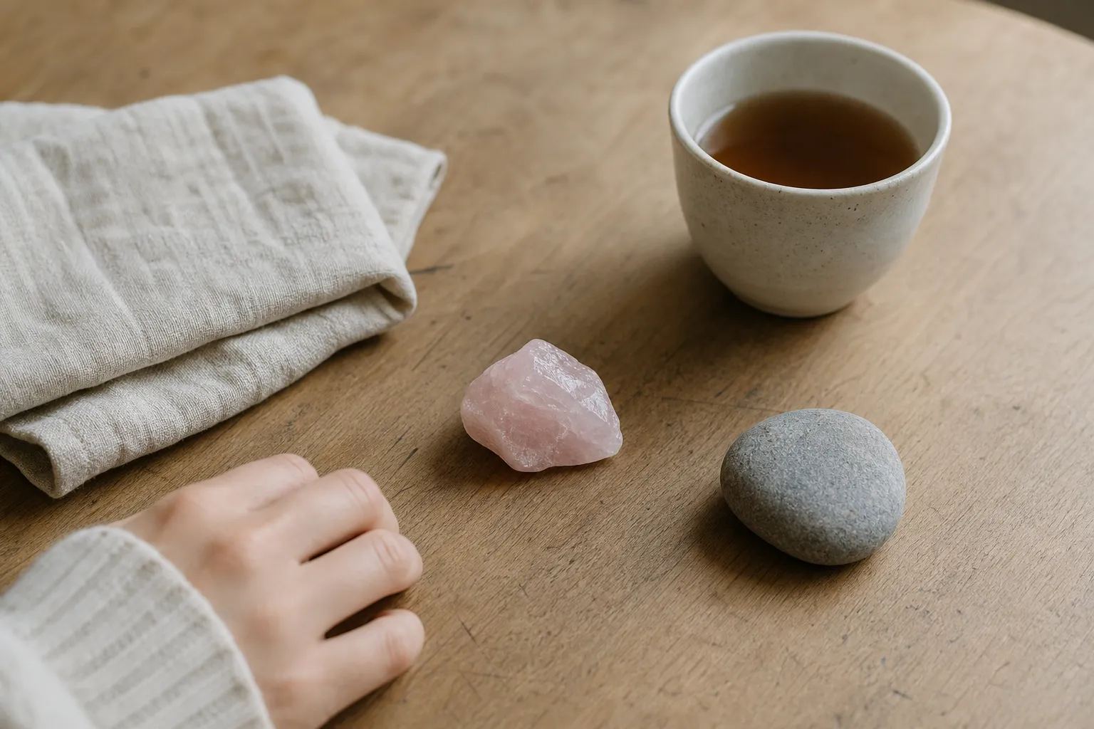 Rose quartz beside everyday grounding objects that can also serve as analog meditation anchors