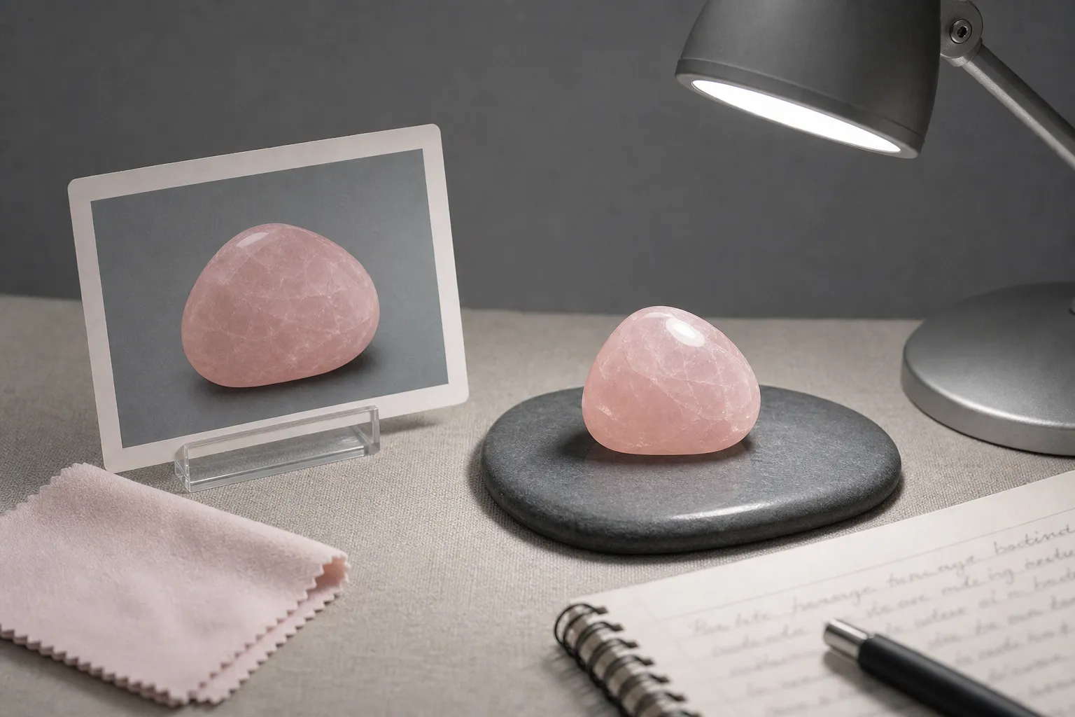 Rose quartz checked under consistent lighting against the same background to separate fading from viewing changes