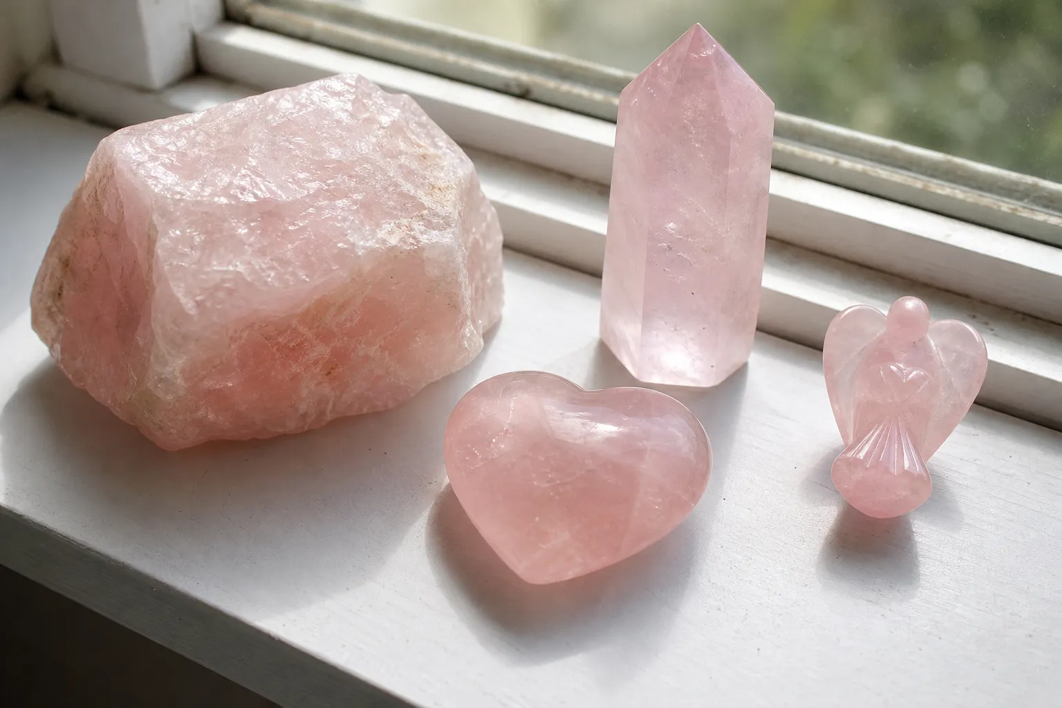 Pink quartz pieces compared near a window to show why sunlight questions depend on material type