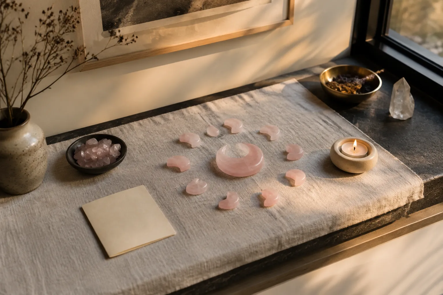 Rose quartz new moon display with clear spacing between stones, paper, and a safely separated candle