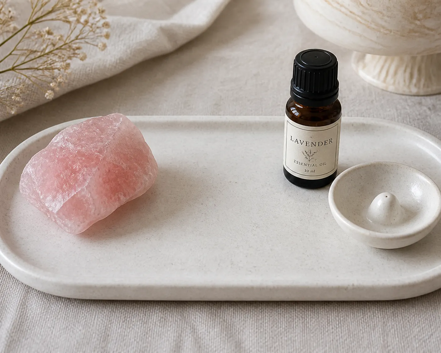 Rose quartz kept separate from essential oil to show symbolic pairing without physical contact or residue