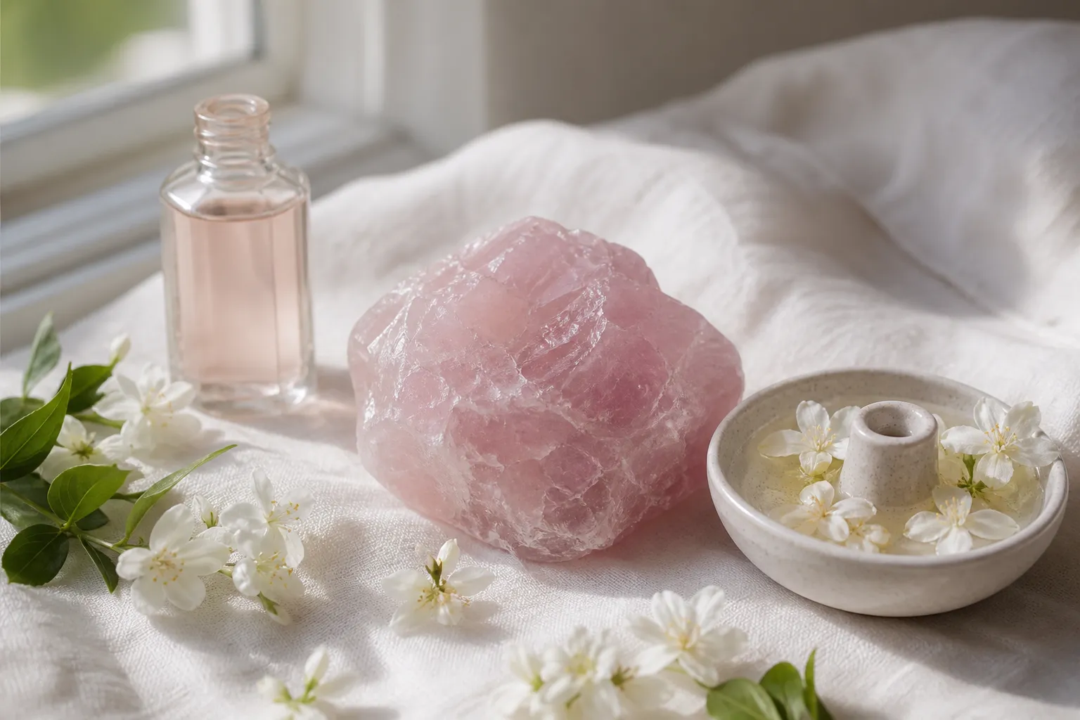 Rose quartz arranged as the visual anchor beside a separate jasmine scent source for a restrained Venus-aligned ritual