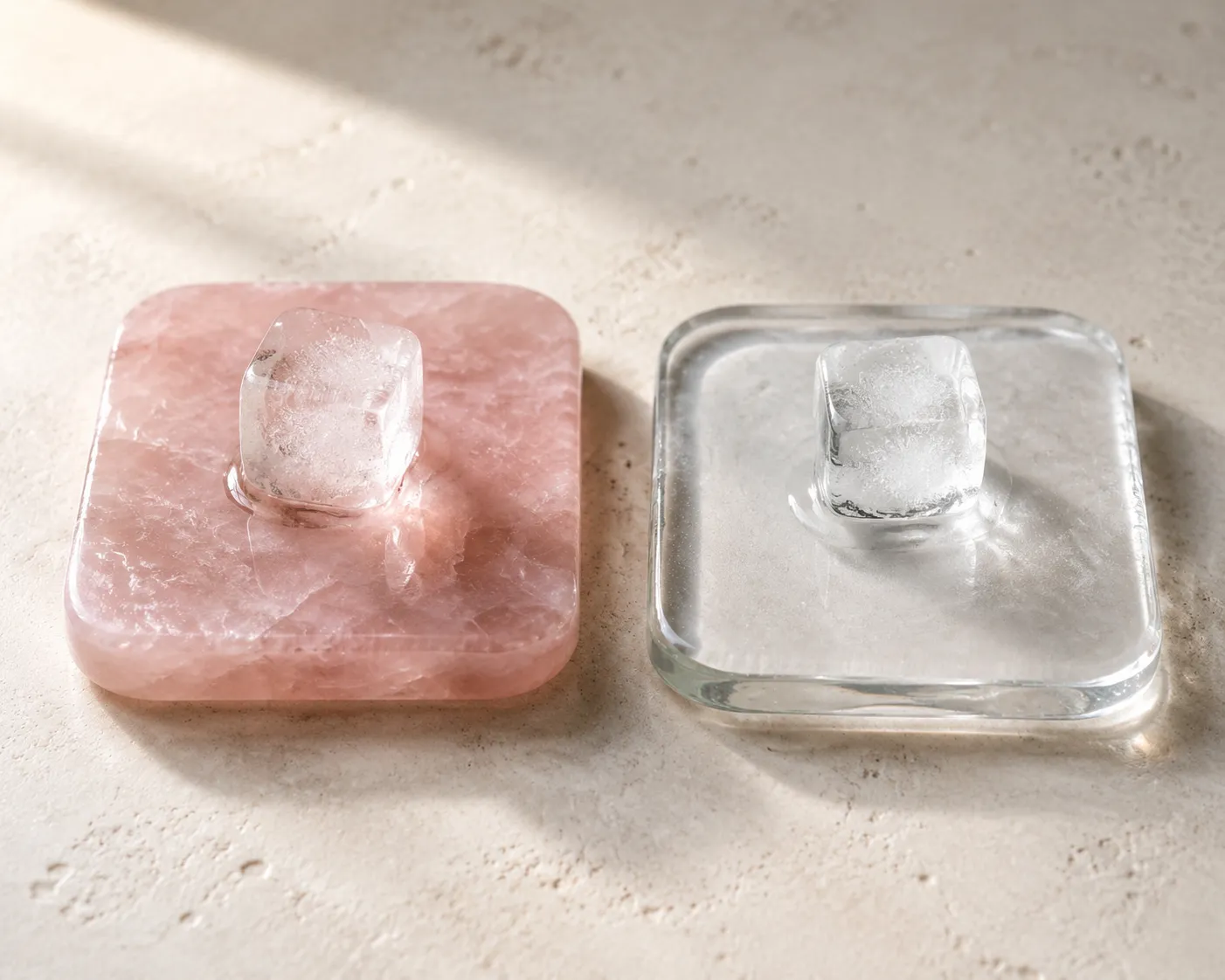 Rose quartz and a glass-like imitation set up side by side for an ice melting comparison
