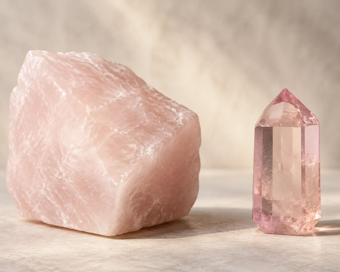 Comparison of cloudy massive rose quartz and a rare well-formed pink quartz crystal with different color mechanisms