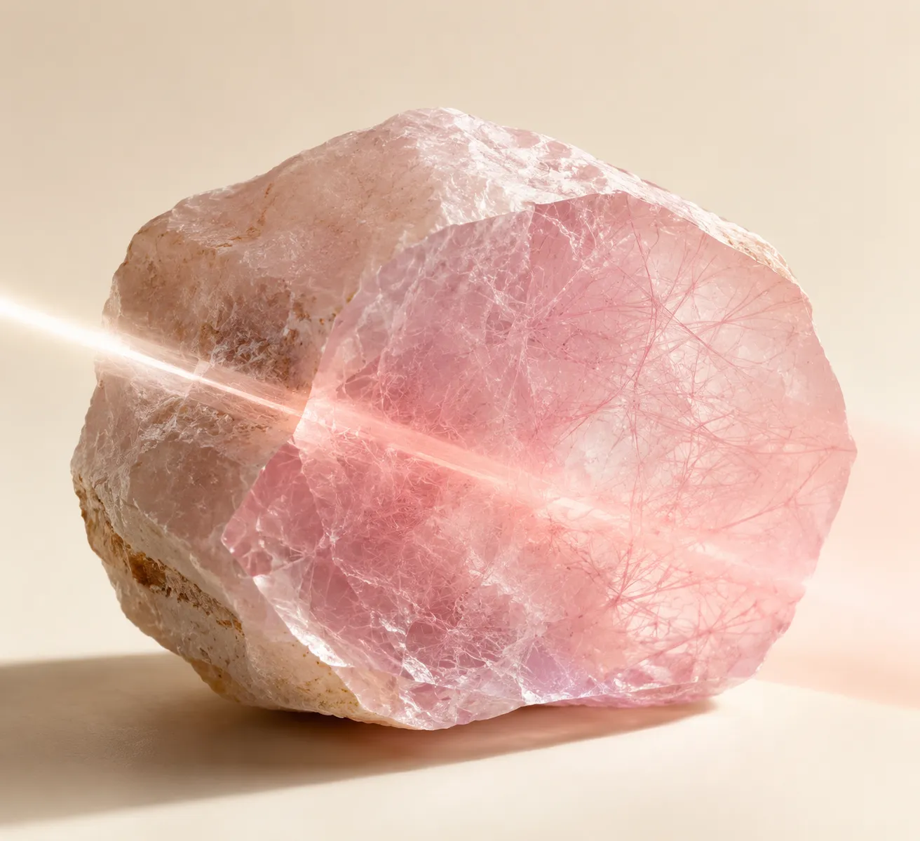 Massive rose quartz showing how hidden dumortierite-like nanofibers and cloudy quartz create a soft pink glow