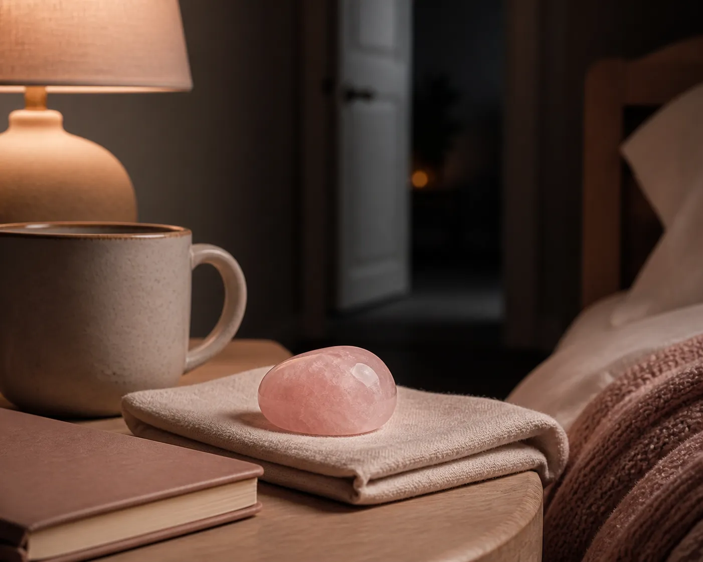 Rose quartz beside grounding objects that suggest a gentle pause rather than a medical treatment
