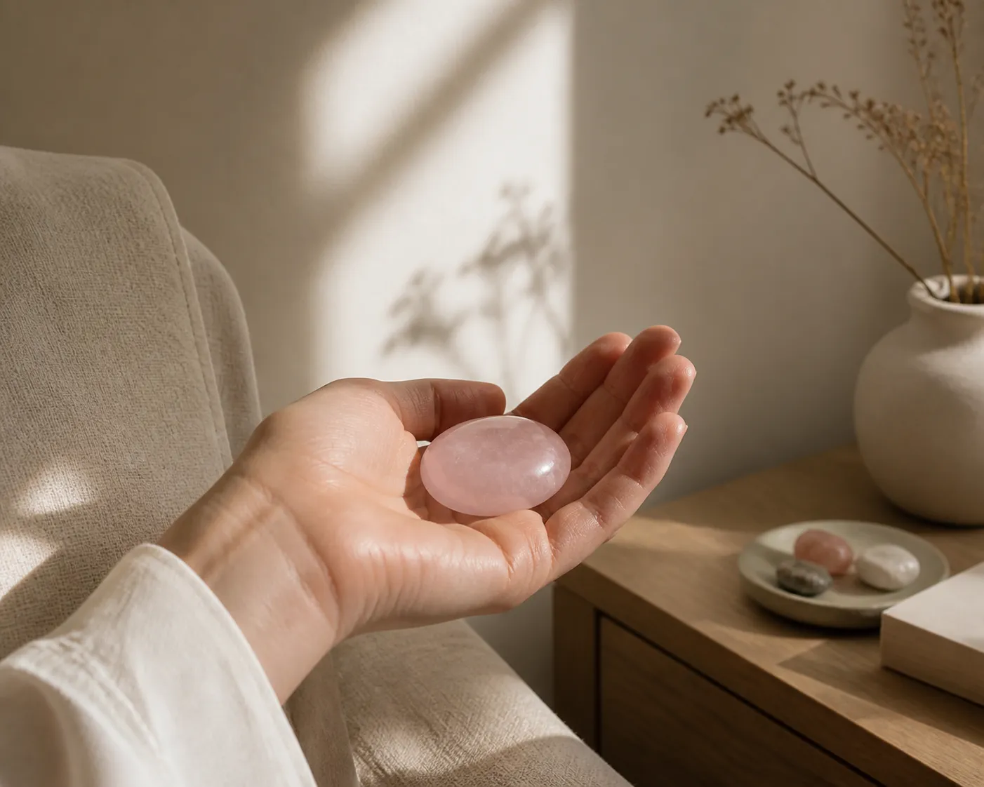 A rose quartz stone held as a tactile pause cue beside a calm resting space
