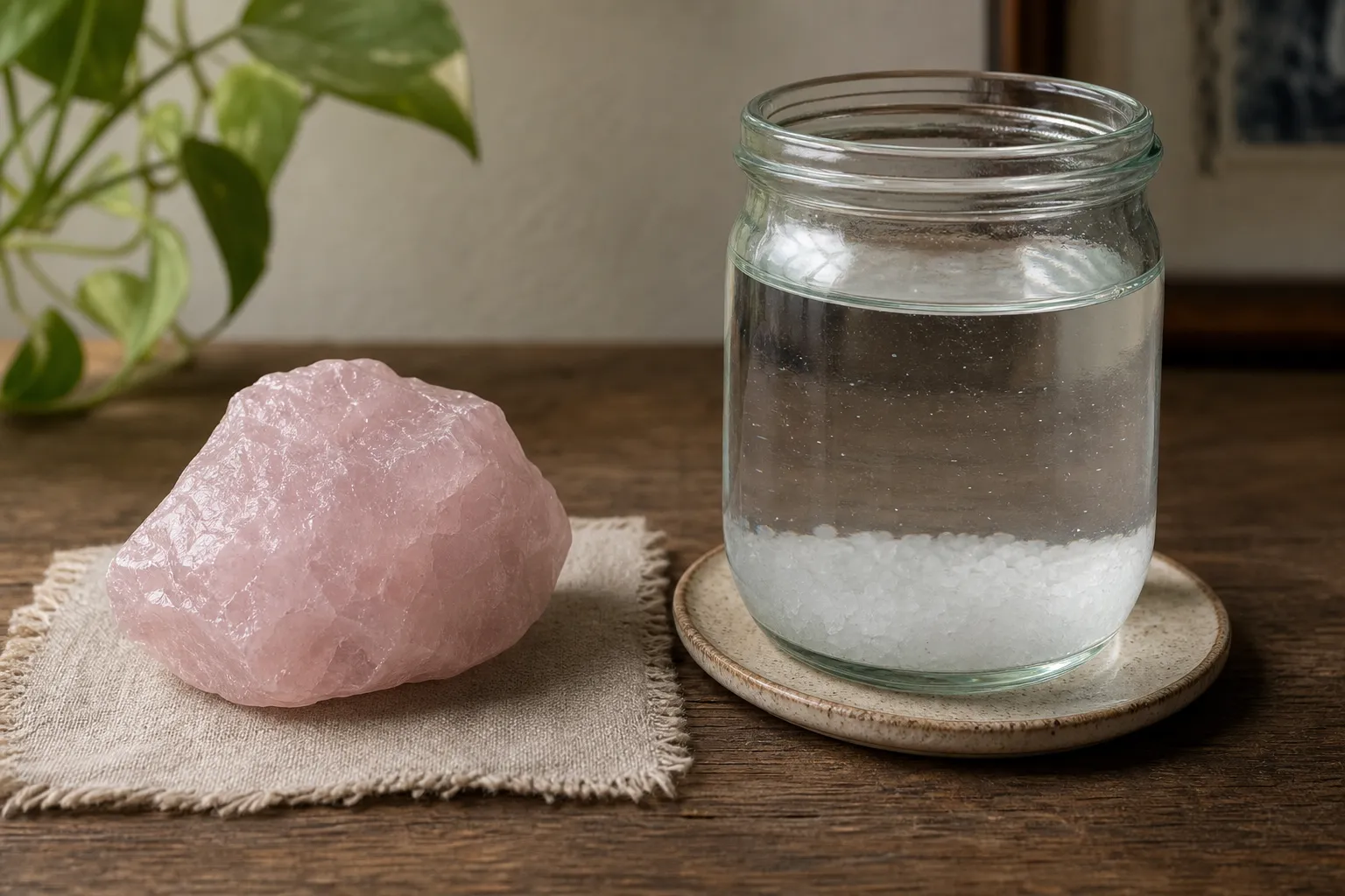 A dry rose quartz piece set apart from a salt water container to show symbolic use without treating visible changes as proof