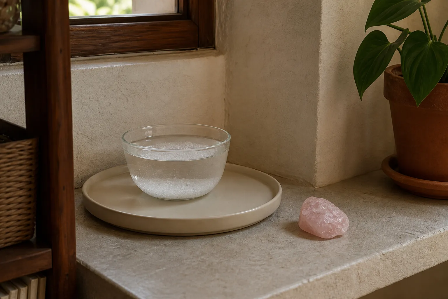 A stable salt water container placed carefully in a cleaned southwest room corner with rose quartz kept dry nearby