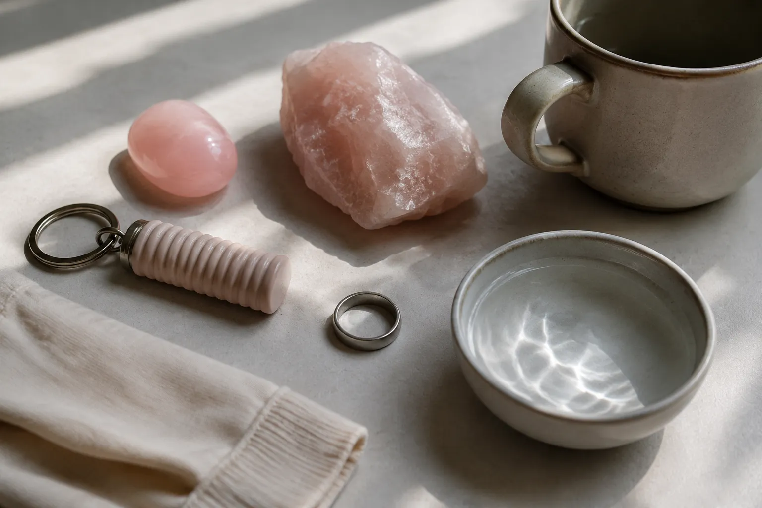 A set of everyday tactile surfaces including smooth stone, fabric, mug, ring, and water as grounding options