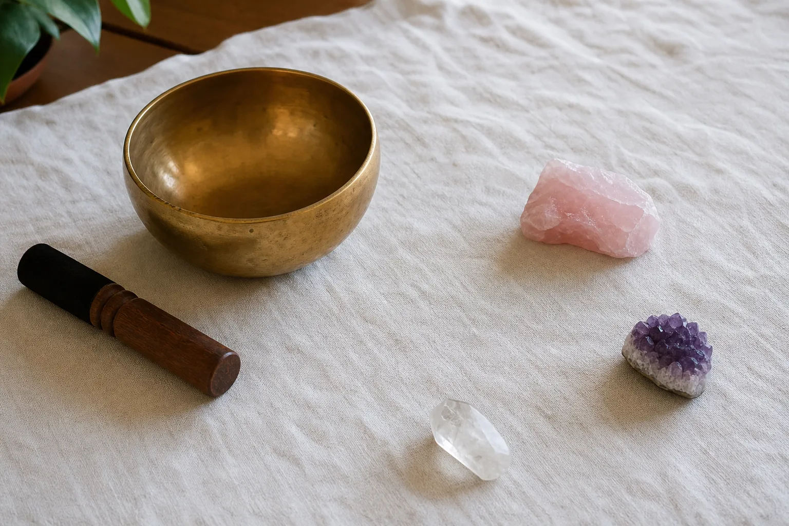Crystals arranged safely near a singing bowl on a clean cloth