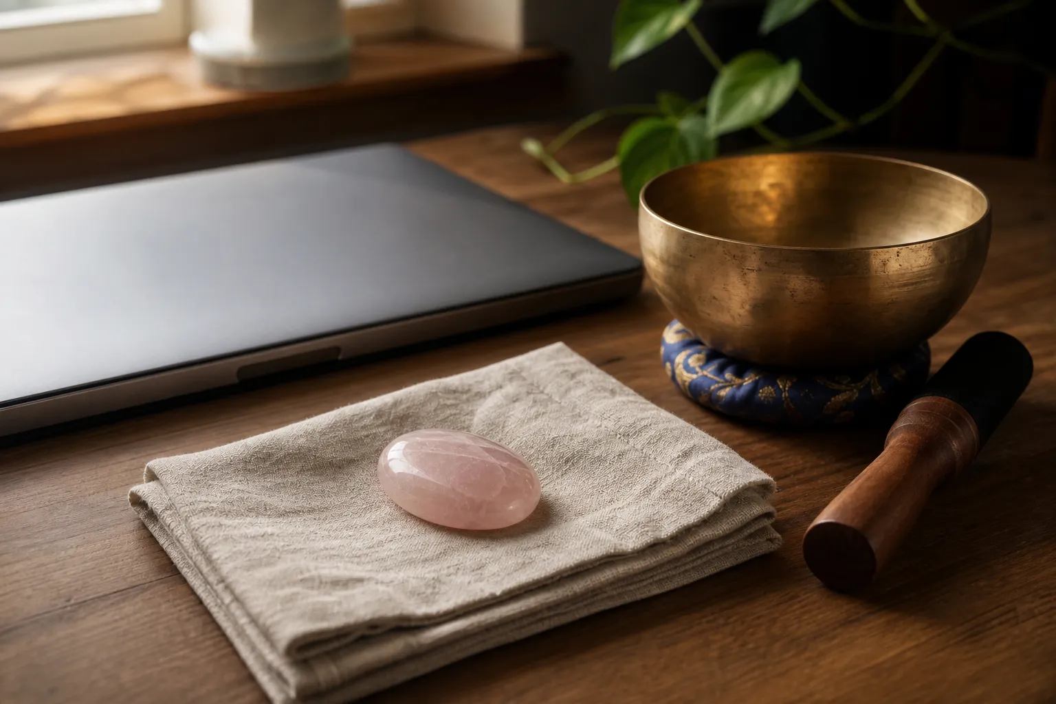 Rose quartz placed beside a singing bowl for a symbolic sound clearing ritual