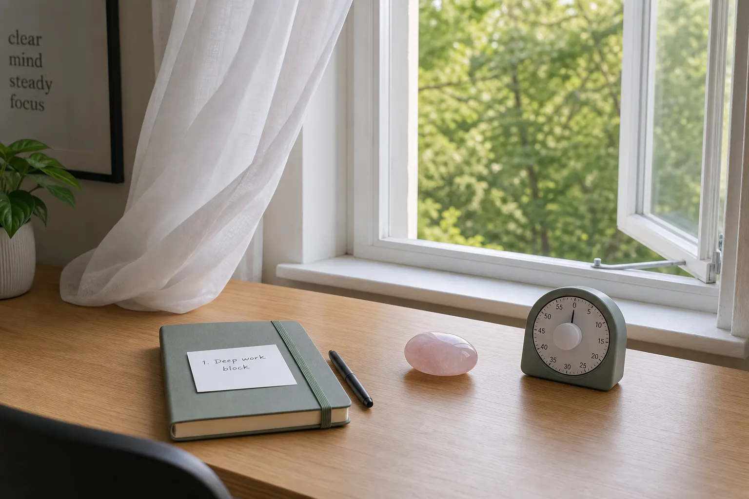 A smoke-free focus reset with an open window, cleared desk, grounding object, and timer