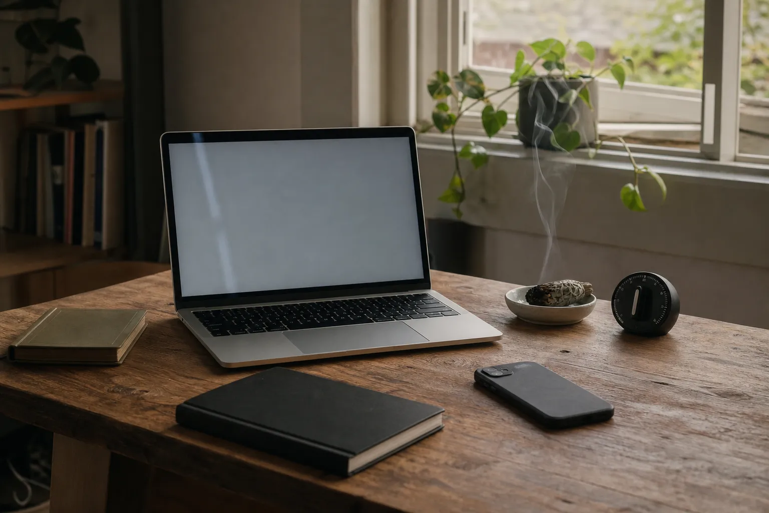 A cleared work desk with muted devices and a brief smoke ritual marking the start of focused work