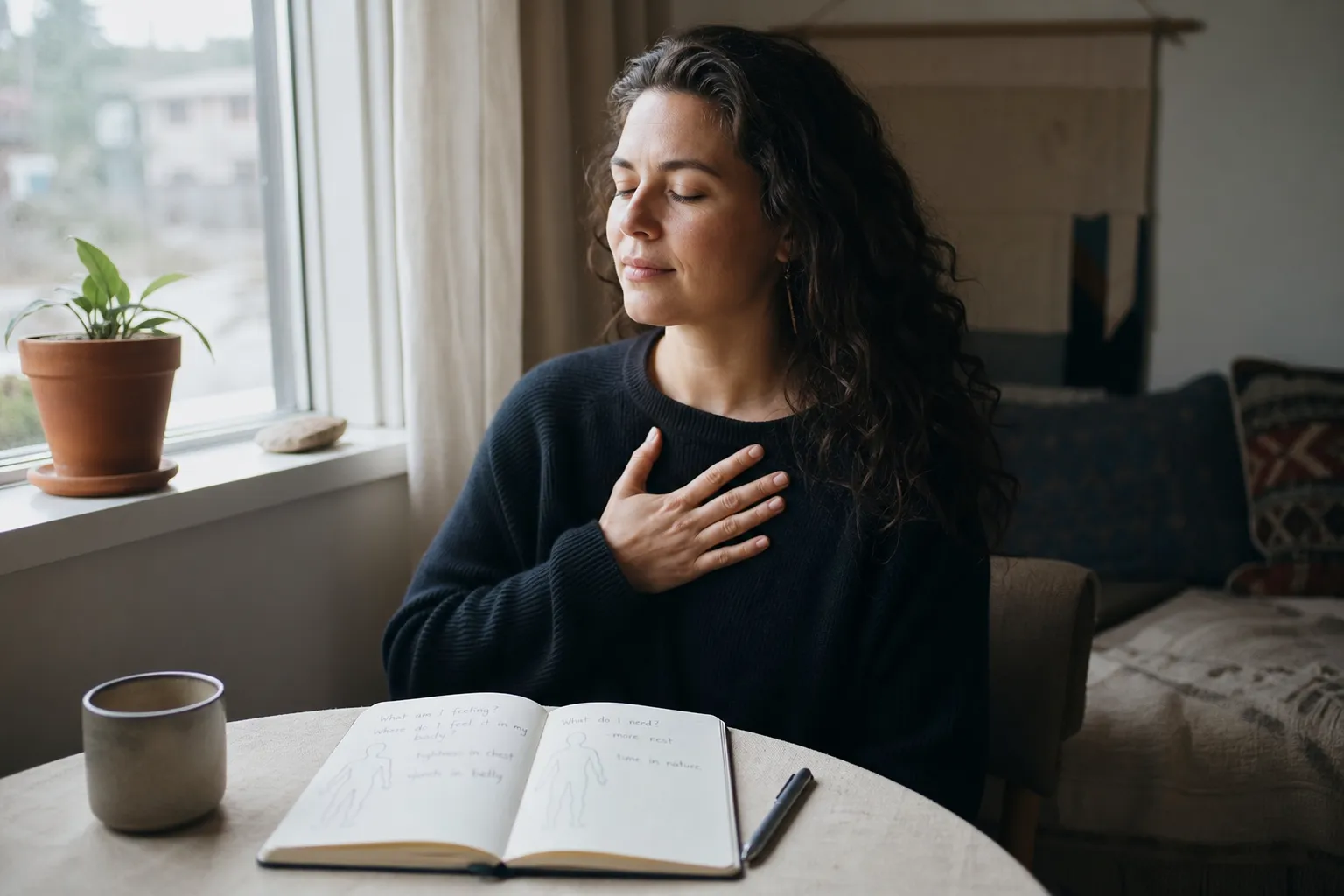 A quiet reflective setting showing body signals included alongside written thoughts about burnout