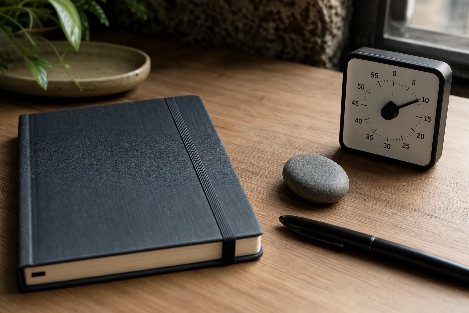 A notebook and tactile anchor arranged for a brief contained pause during burnout reflection