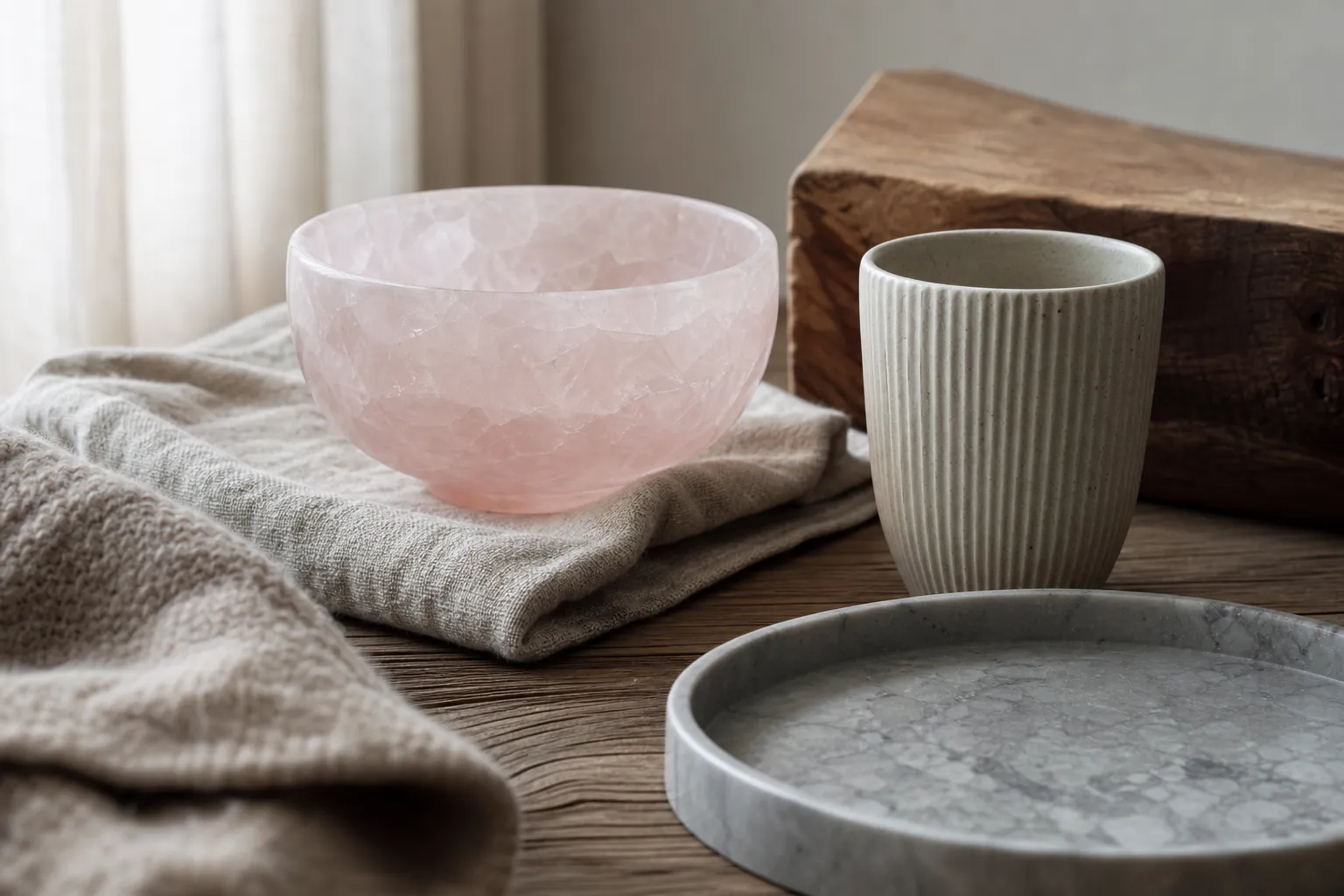 Rose quartz, raw linen, ribbed ceramic, smooth stone, wool, and wood arranged to show tactile contrast in an interior setting