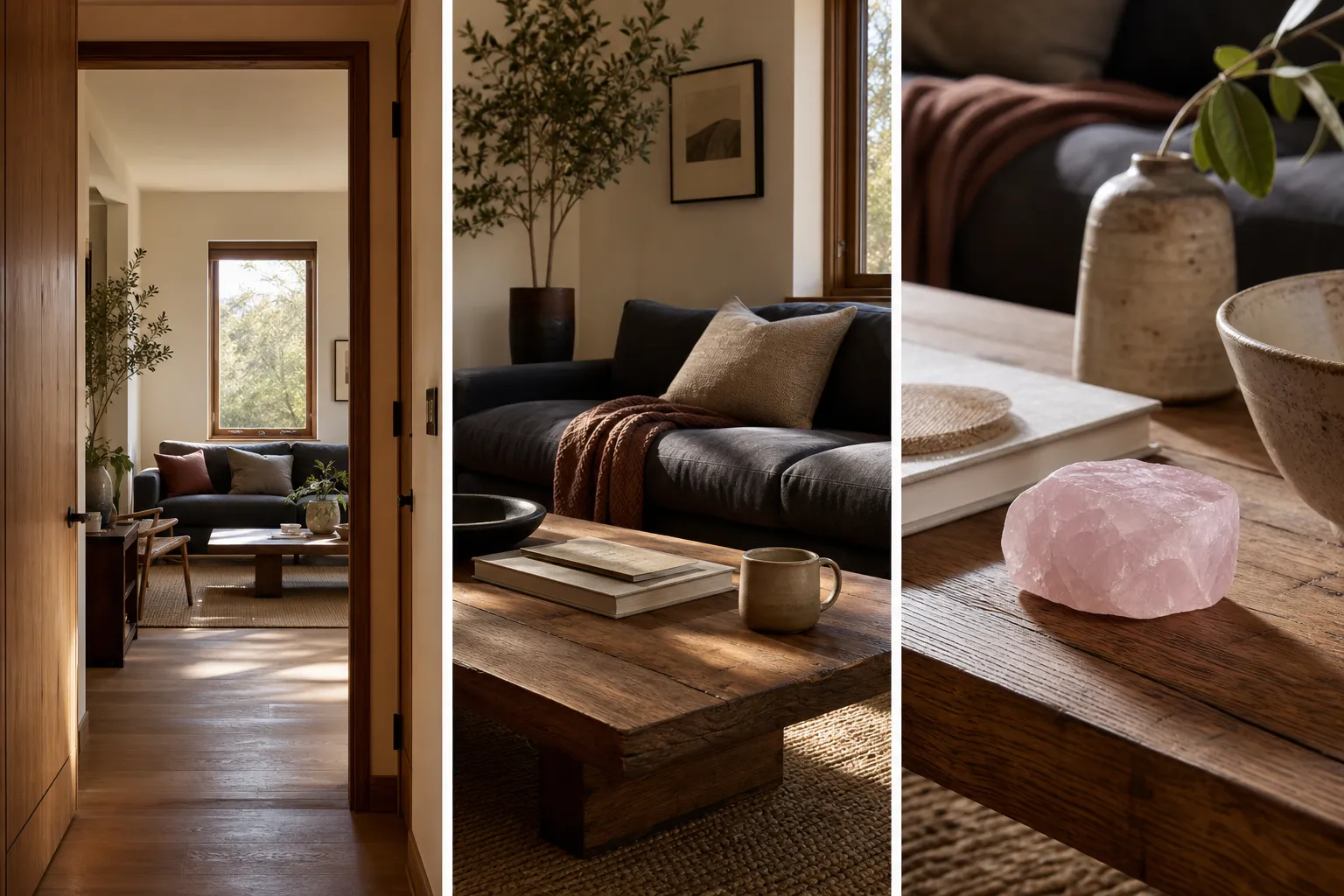 Doorway, seated, and hand-level views of a room showing woven fiber, matte finish, wood grain, stone, wool, clay, and rose quartz