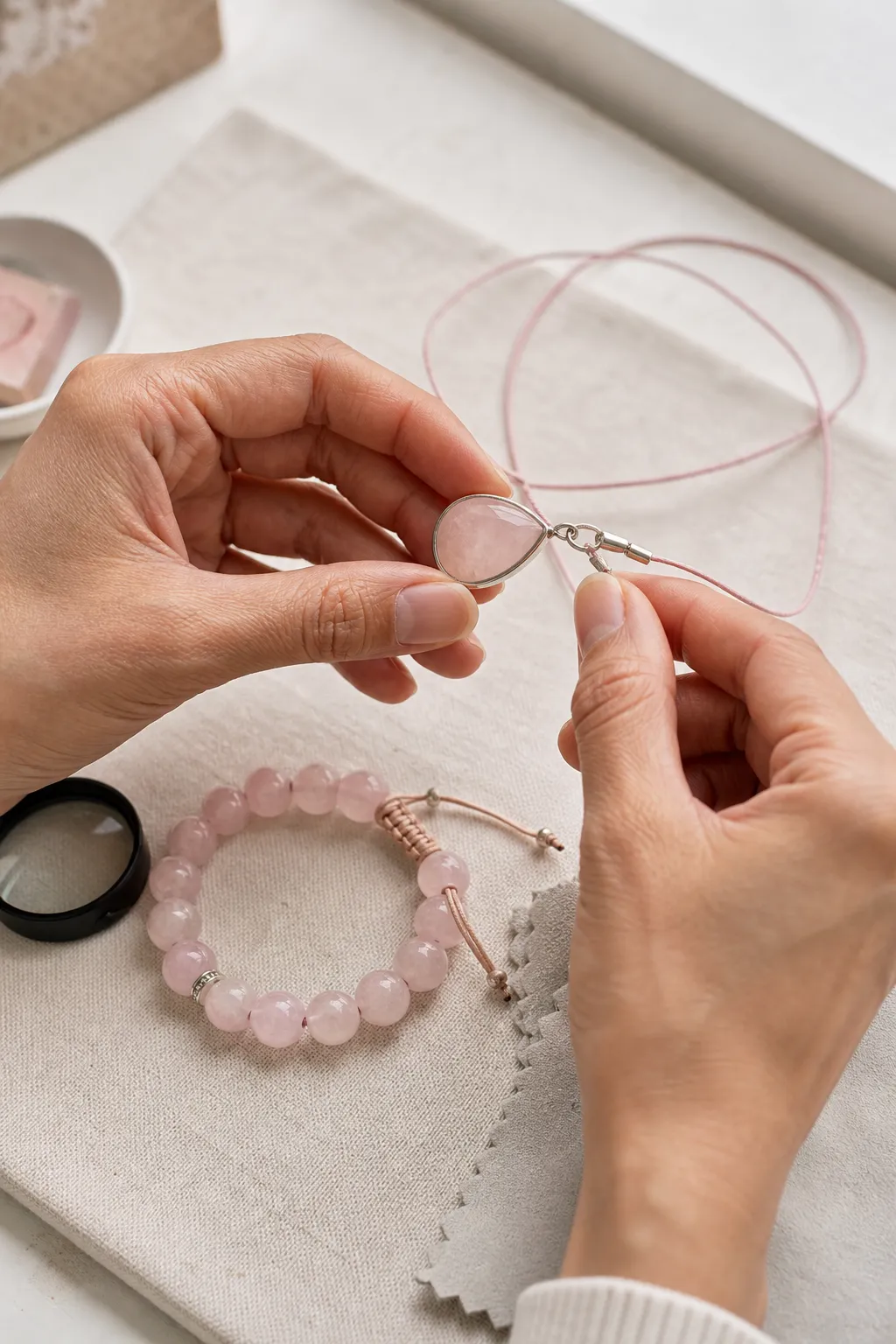 Close attention to clasp, metal setting, cord, and smooth stone surface before using sensory jewelry repeatedly