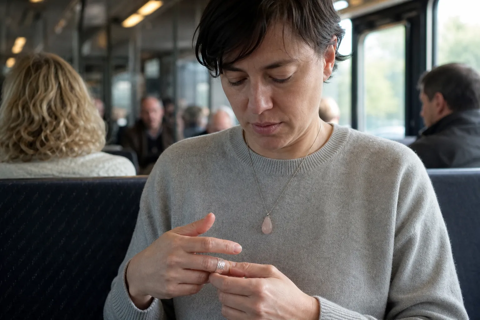 Discreet tactile jewelry used as a private touch cue during an overload-prone moment