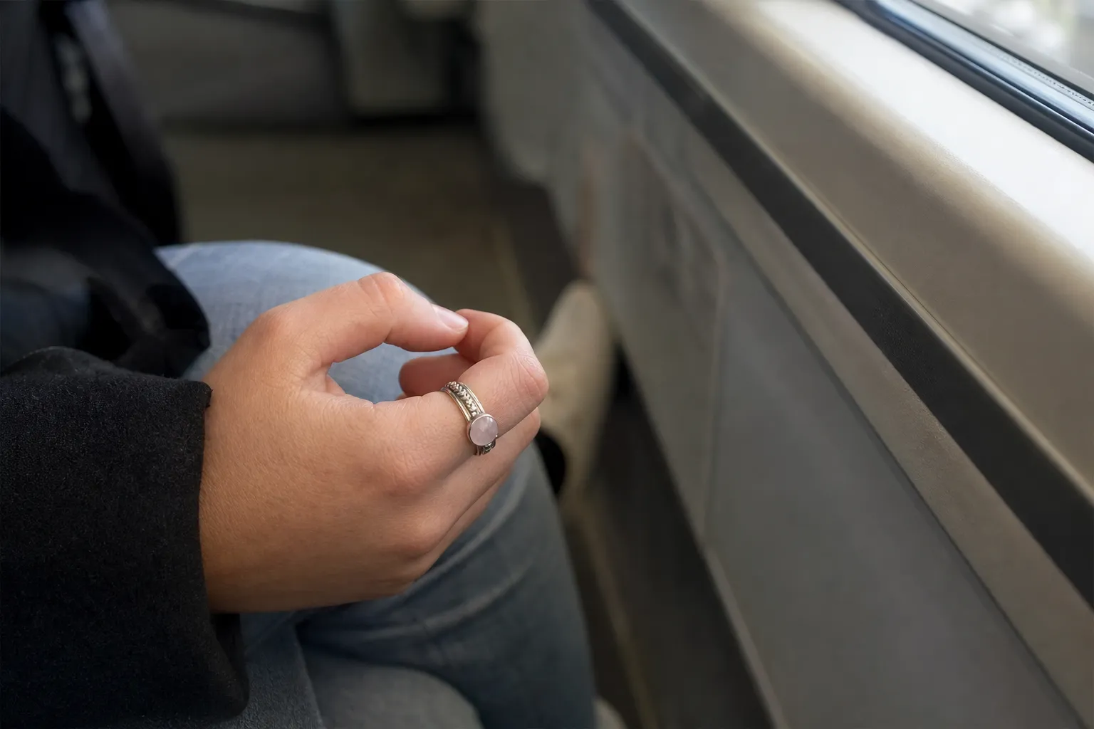 A discreet hand position using a spinner ring in a public setting without drawing attention