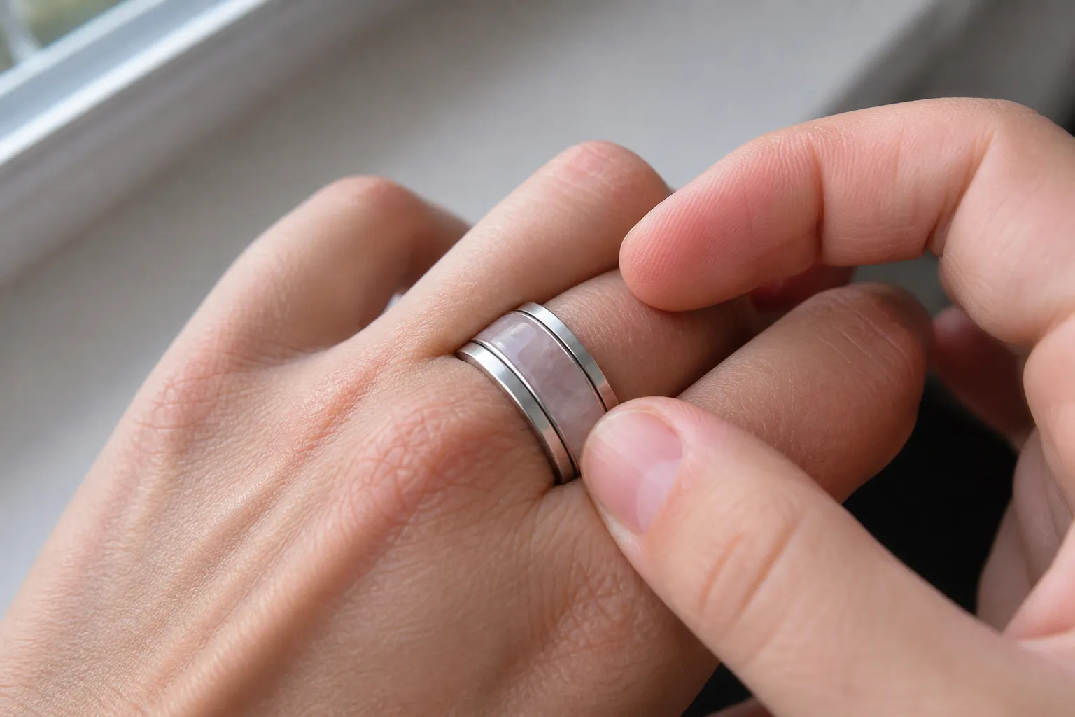 A thumb gently turning a rose quartz spinner ring as a private tactile grounding cue