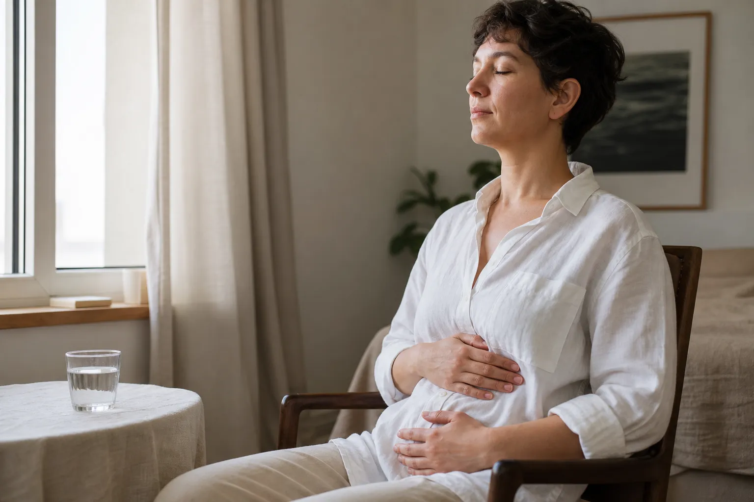 A quiet breathing practice scene focused on body cues rather than a wearable HRV score