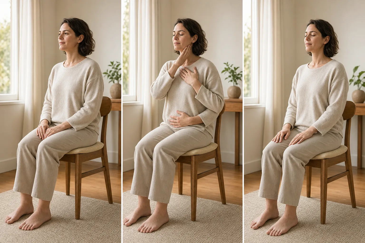 A simple supported breathing routine with attention on jaw throat chest belly shoulders and hands