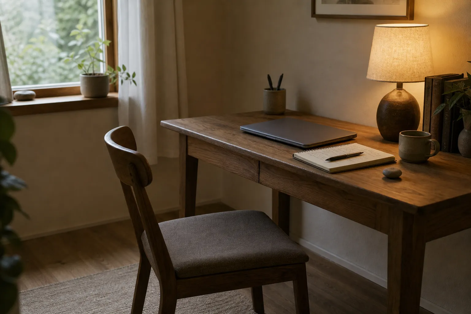 A simple desk scene showing non-electrical grounding cues such as a chair, floor contact, a lamp, and a small tactile object