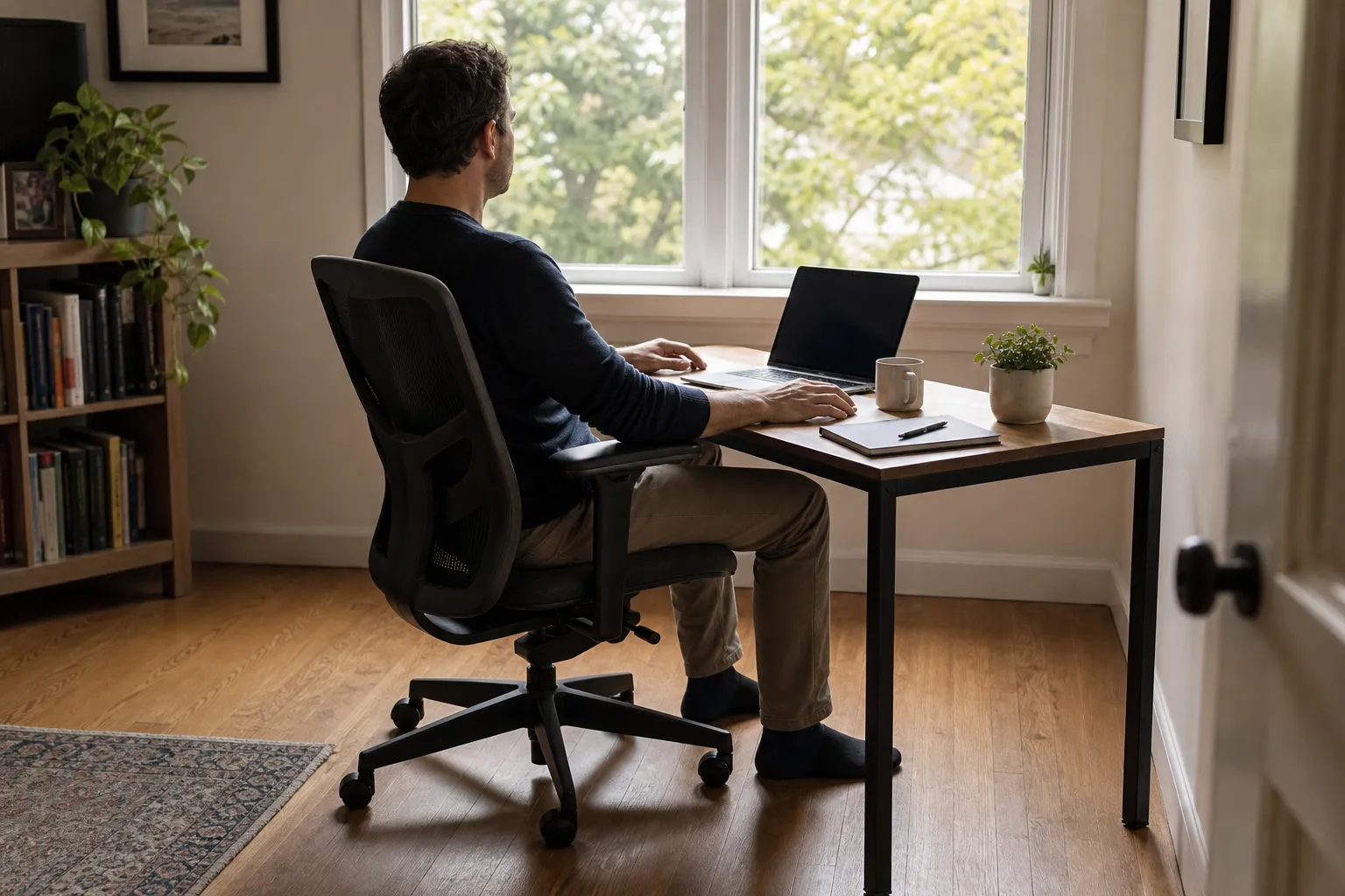 A remote worker pausing at a desk with both feet grounded, hands resting, and attention turned away from the screen